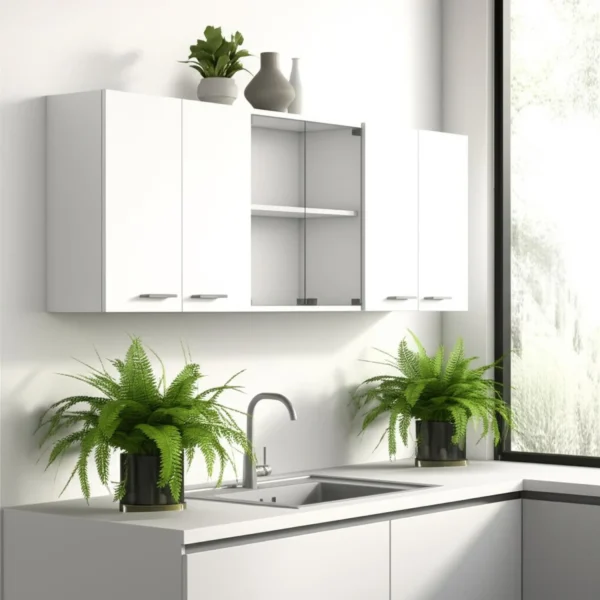 Tủ bếp treo tường gỗ màu trắng 150cm sáu cánh