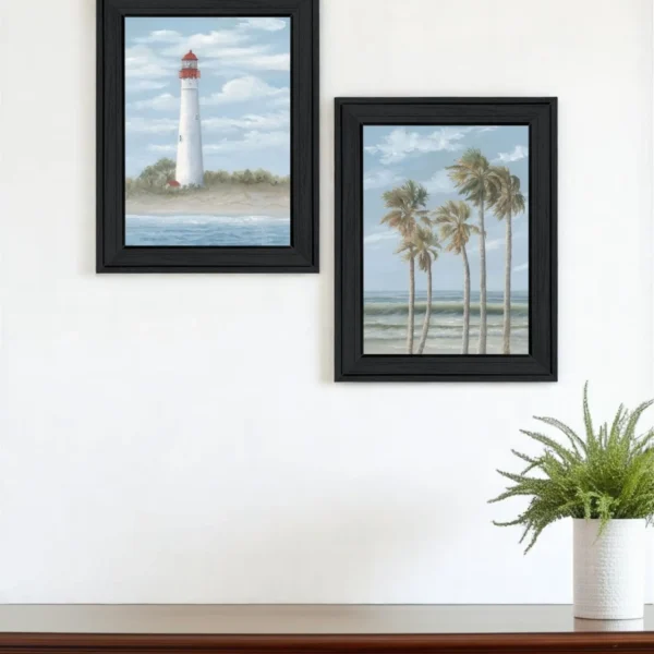 Bộ hai tranh treo tường khung đen hải đăng Cape May và hàng dừa