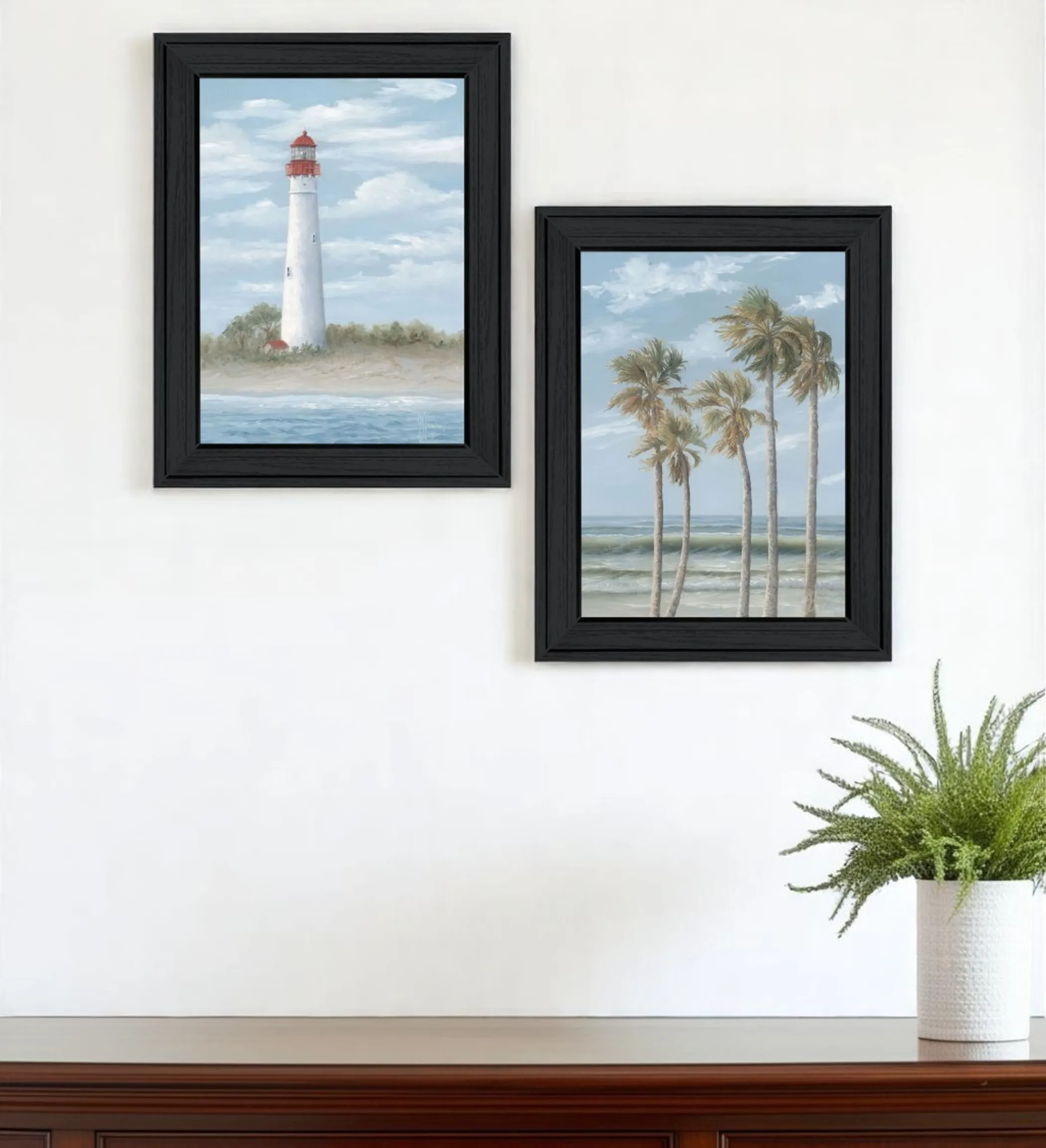 Bộ hai tranh treo tường khung đen hải đăng Cape May và hàng dừa