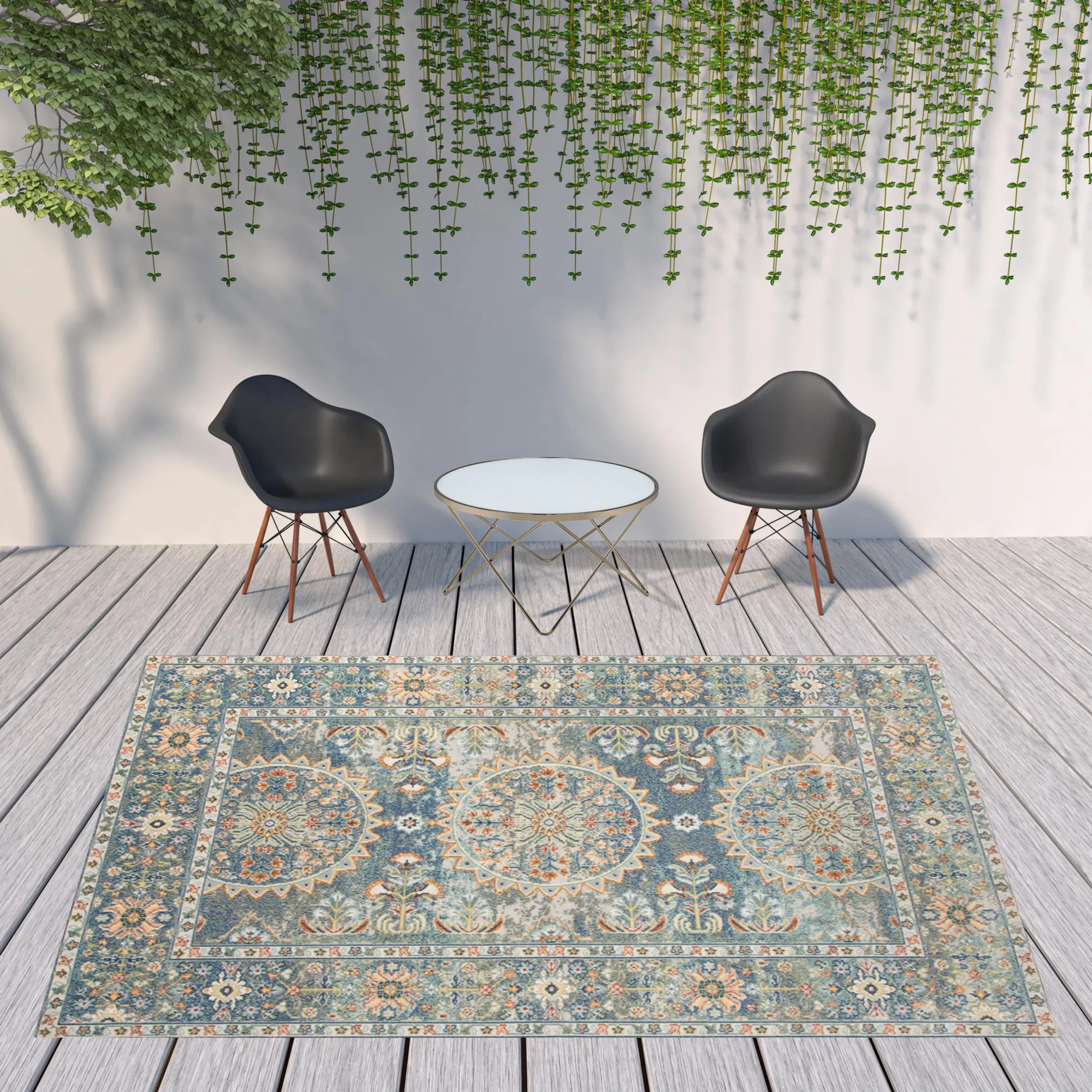 Thảm trải sàn chống bẩn 2,7m x 3,7m họa tiết hoa văn tròn màu xanh và cam - Ảnh 3