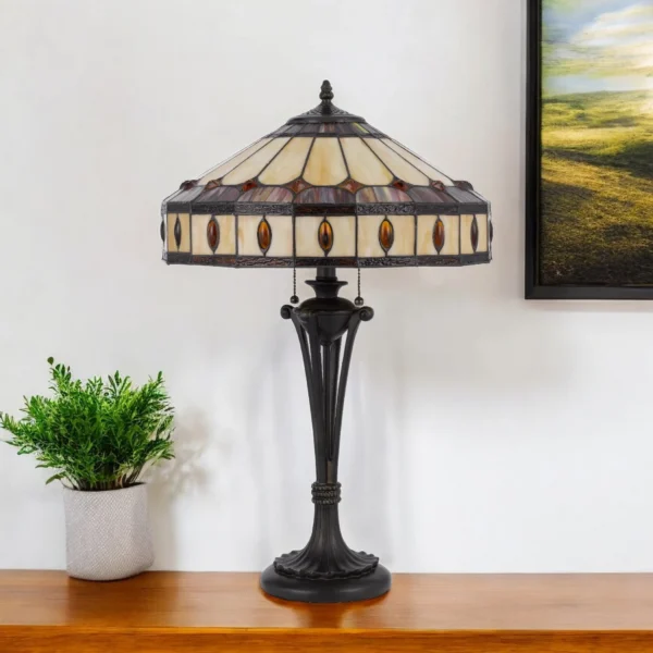Đèn bàn kiểu chân nến 2 bóng 66cm kim loại đen chụp vòm kem ngà và đỏ
