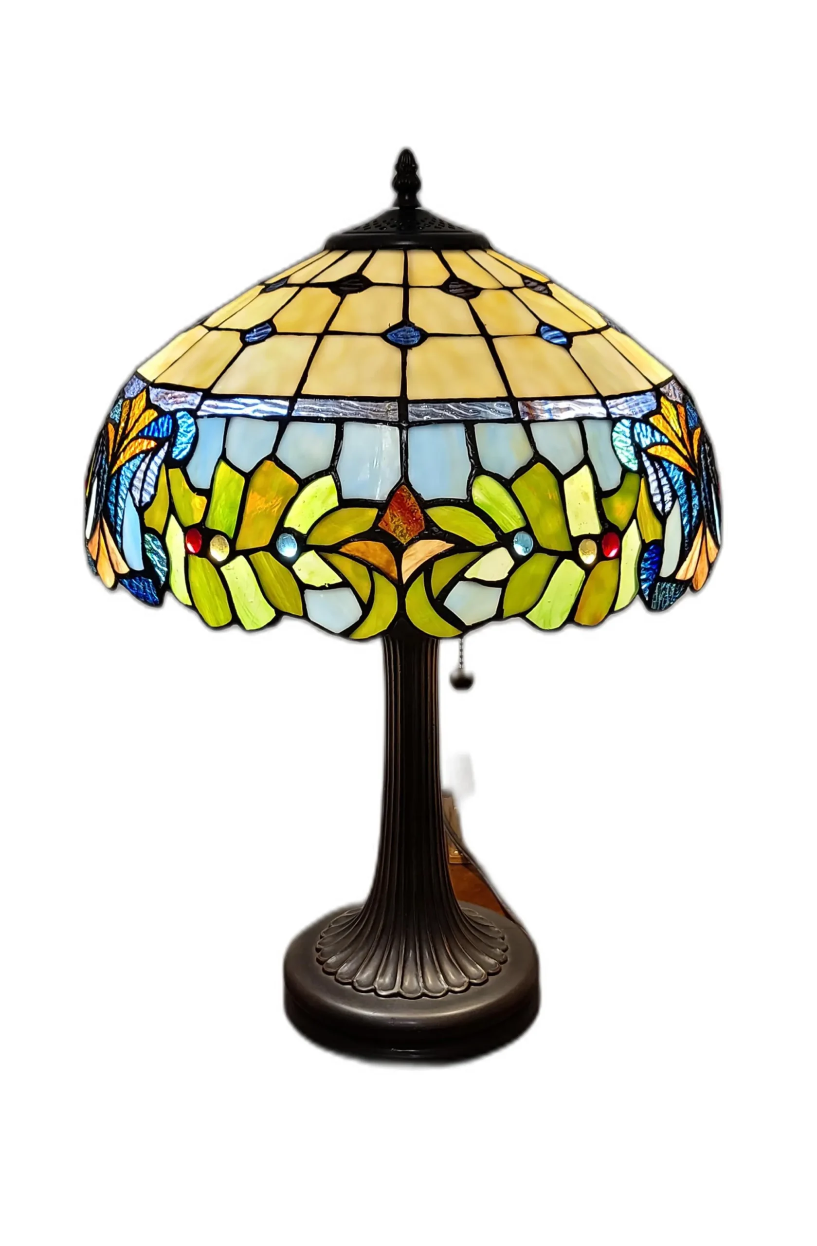 Đèn bàn kim loại 2 bóng kiểu chân nến màu nâu đậm chụp xanh 58cm - Ảnh 2