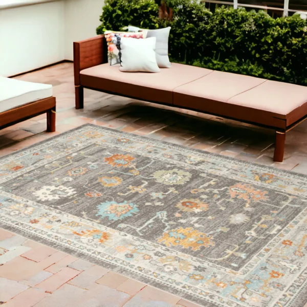 Thảm trải sàn chống bẩn 2,7m x 3,7m họa tiết hoa màu xám và cam