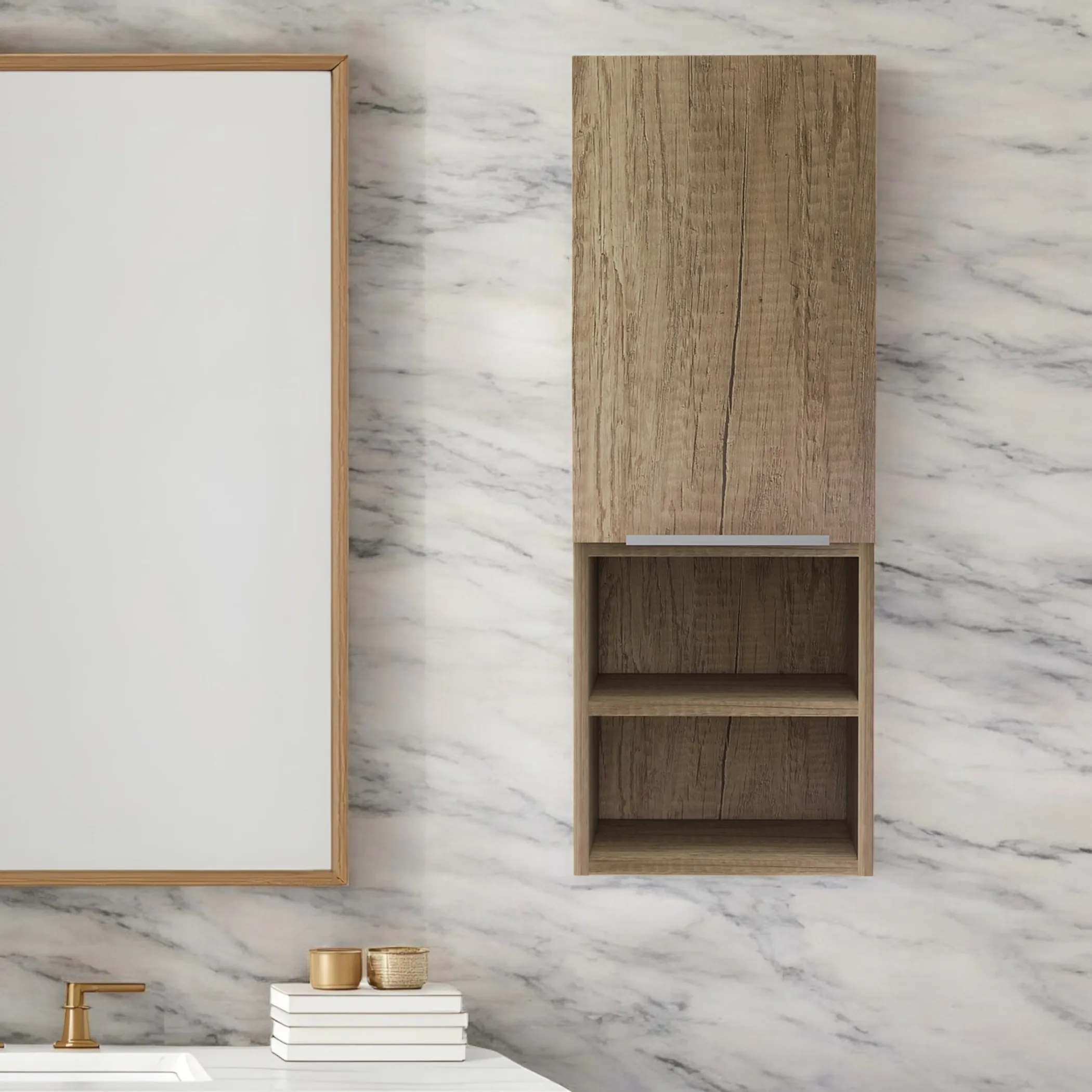 Tủ trang trí gỗ màu nâu rộng 30cm với bốn ngăn kệ