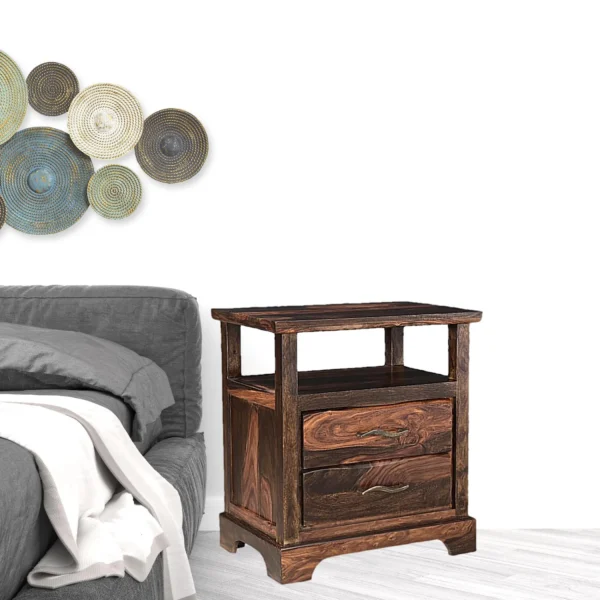 Tủ đầu giường gỗ tự nhiên 69cm hai ngăn kéo màu nâu sẫm