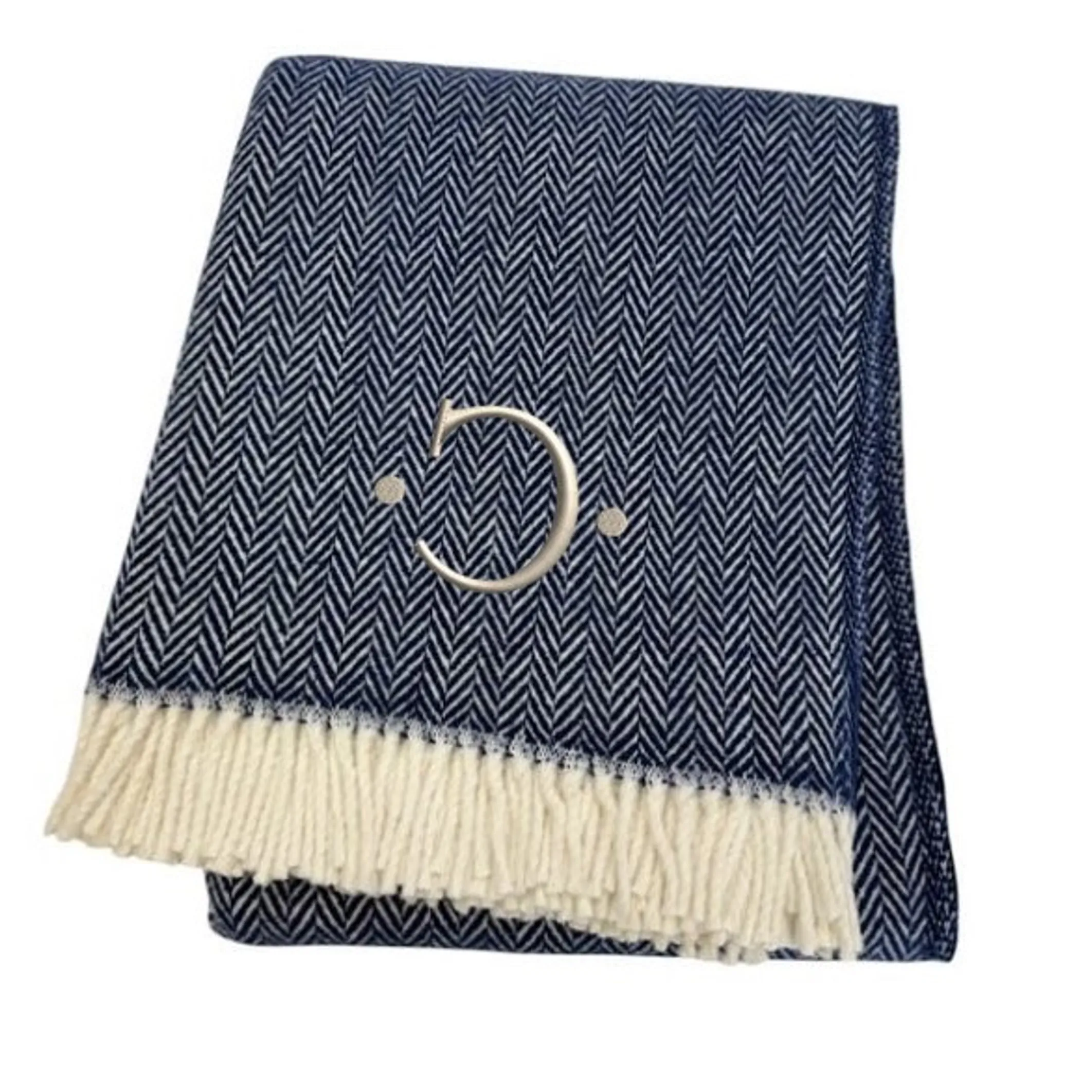 Chăn cotton pha dệt xương cá thêu chữ C màu xanh navy trắng, viền tua rua - Ảnh 4
