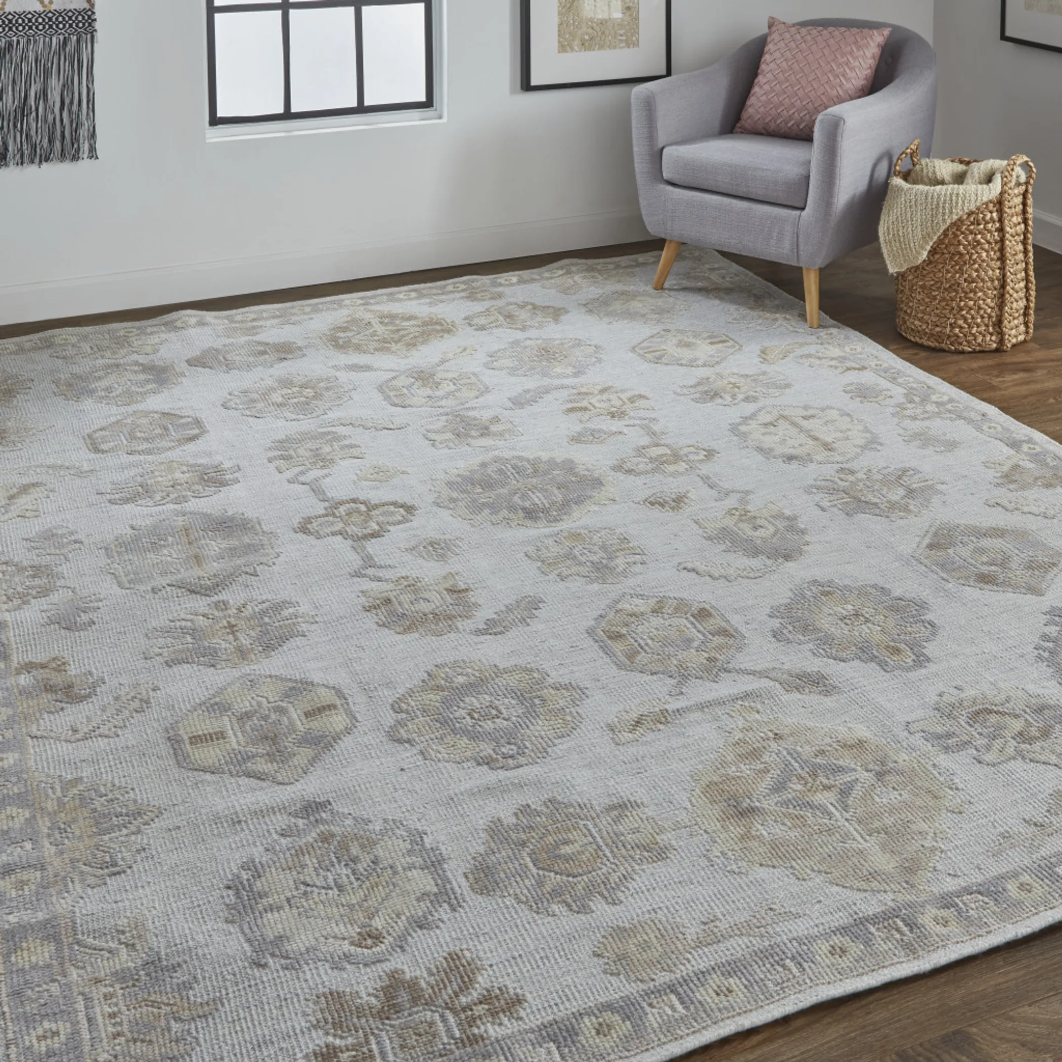 Thảm trải sàn dệt tay thủ công 1,2m x 1,8m họa tiết hoa xám ngà - Ảnh 6