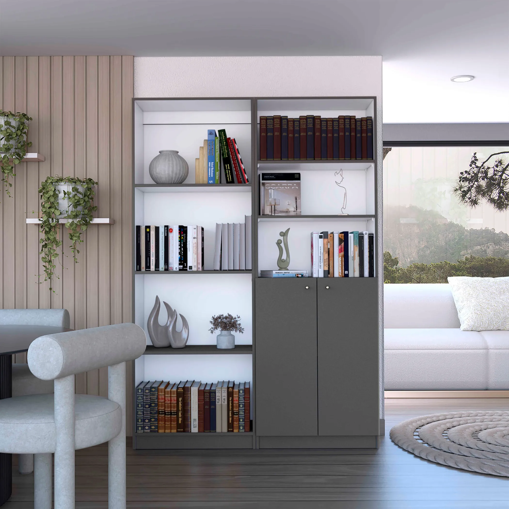 Bộ kệ sách phòng khách Dupree 2 món màu xám mờ phối trắng