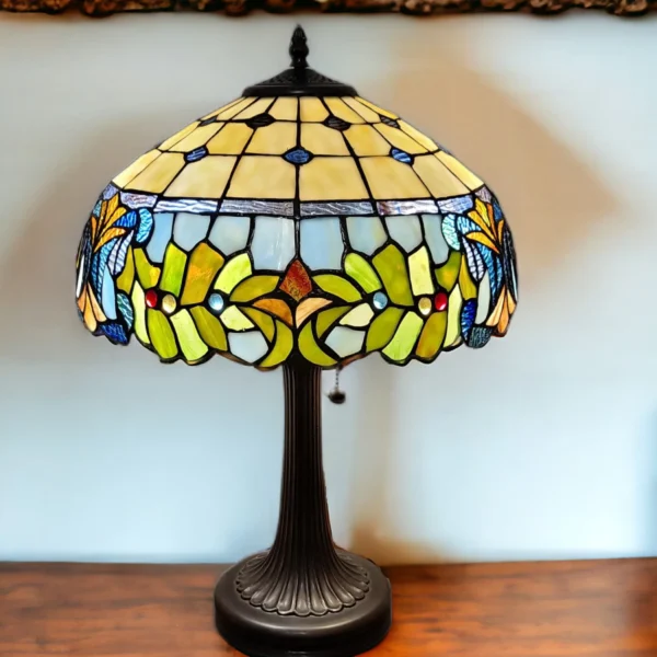 Đèn bàn kim loại 2 bóng kiểu chân nến màu nâu đậm chụp xanh 58cm