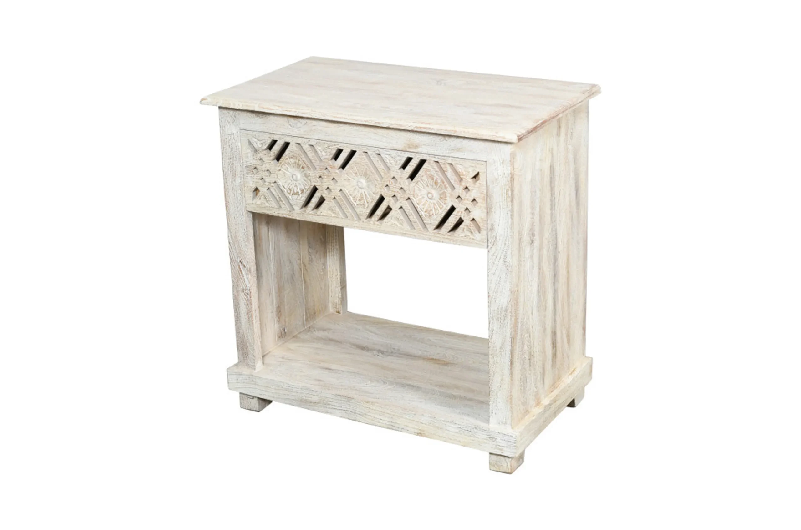 Tủ đầu giường gỗ tự nhiên 71cm chạm khắc hình học màu trắng cũ kỹ - Ảnh 5
