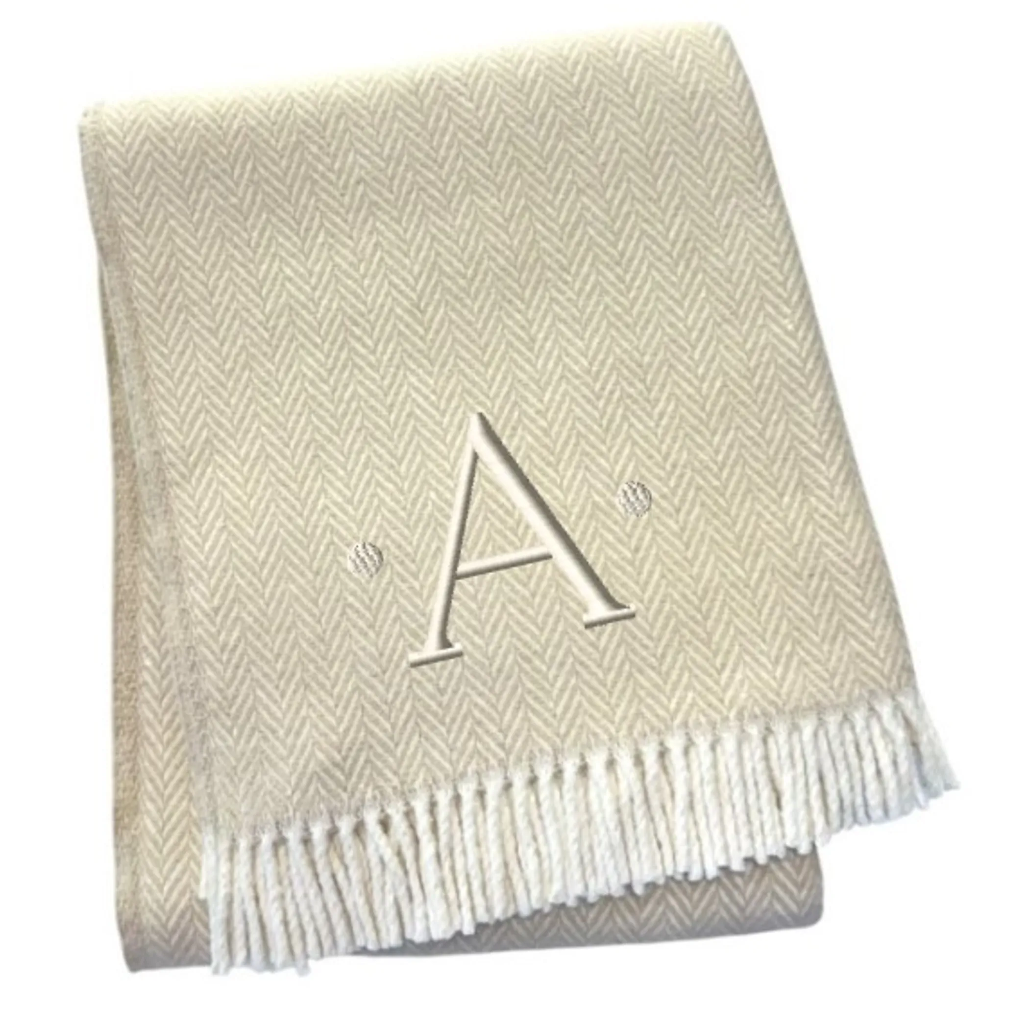 Chăn cotton pha dệt xương cá thêu chữ A màu lanh trắng, viền tua rua - Ảnh 3