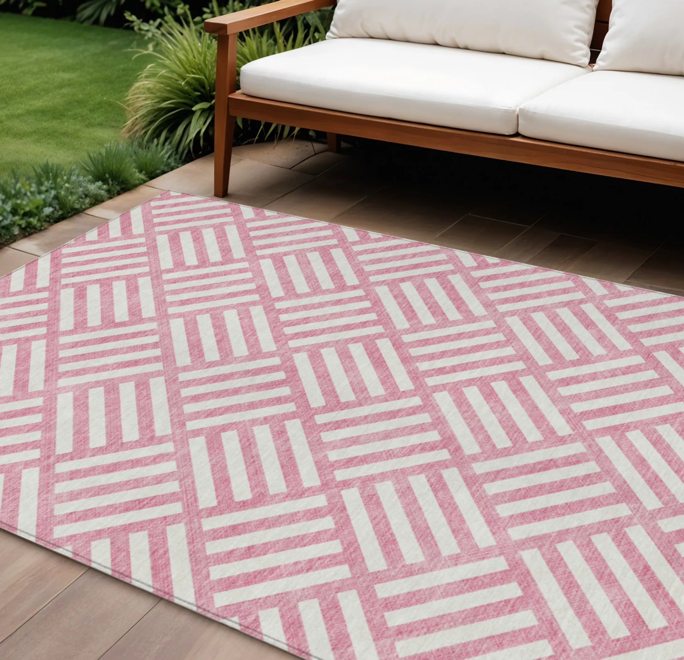 Thảm trải sàn giặt được 2,7m x 3,7m họa tiết hình học màu hồng và ngà
