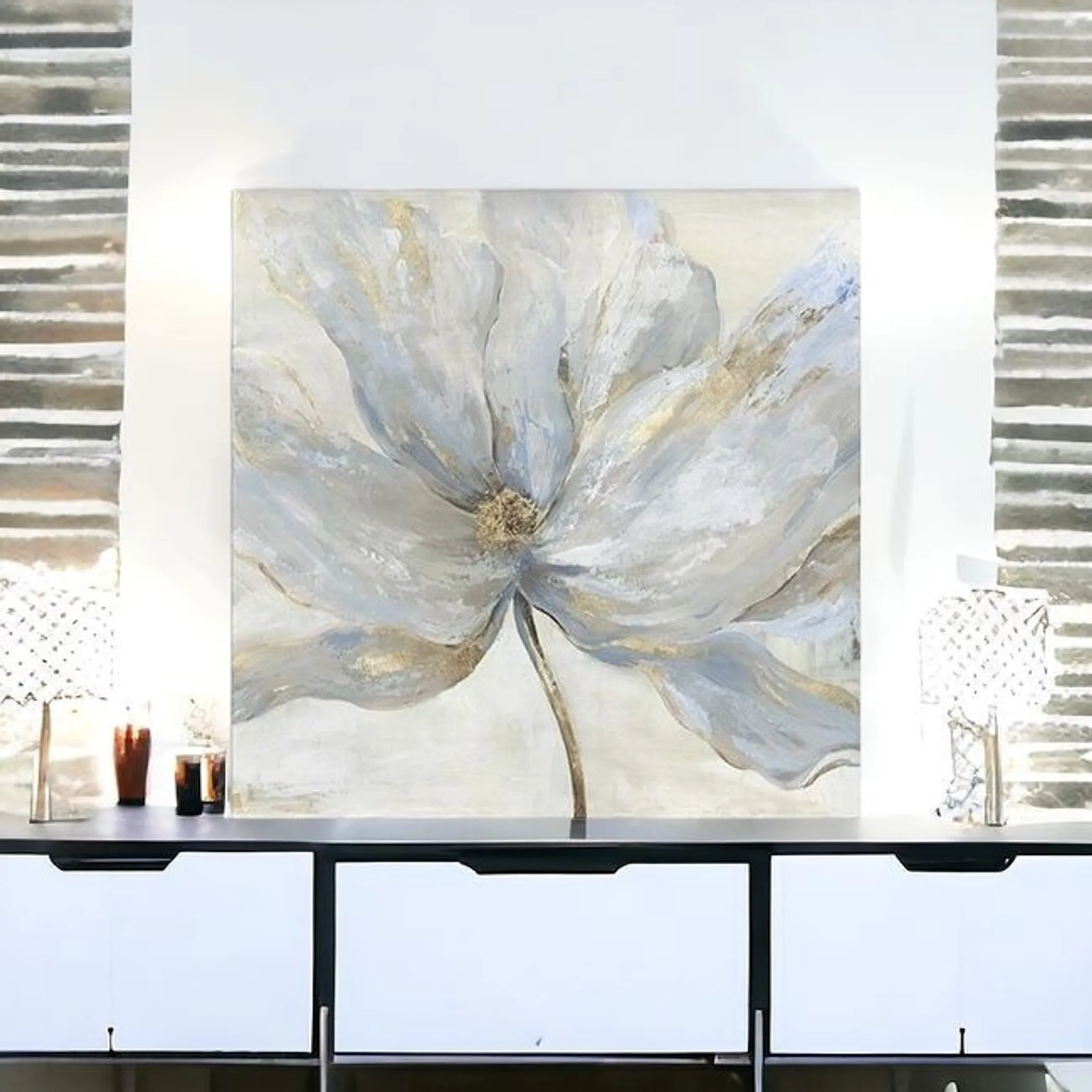 Tranh canvas hoa xanh xám điểm nhũ vàng không khung 102cm - Ảnh 2