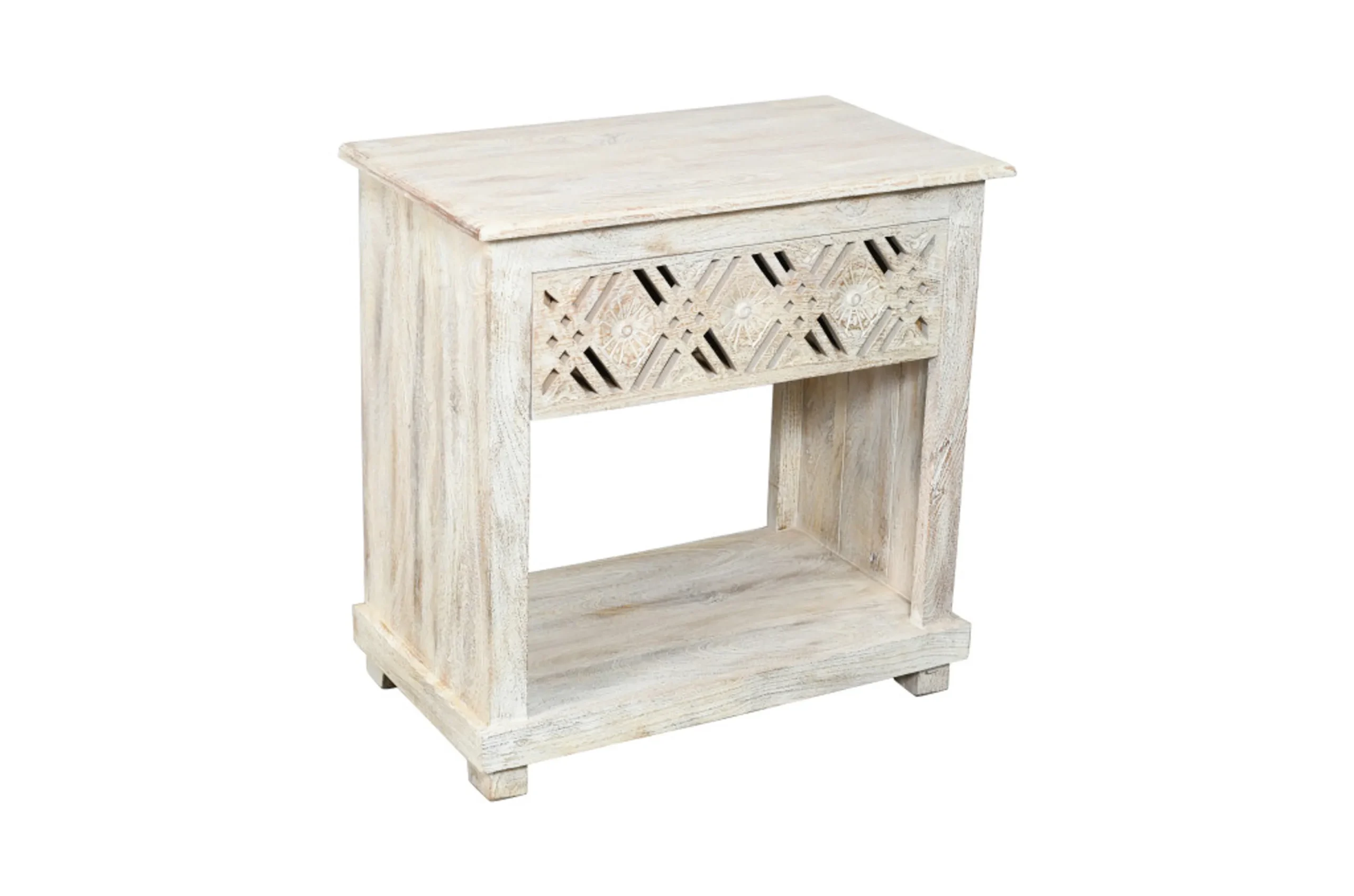 Tủ đầu giường gỗ tự nhiên 71cm chạm khắc hình học màu trắng cũ kỹ - Ảnh 3