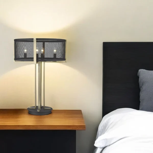 Đèn bàn họa tiết hình học 4 bóng 64cm kim loại đồng thau chụp trống đen