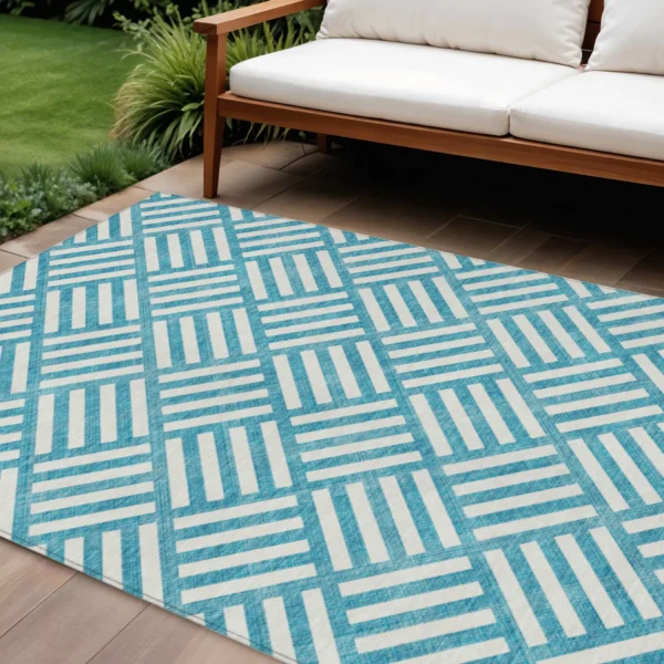 Thảm trải sàn giặt được 2,7m x 3,7m họa tiết hình học màu xanh mòng két và ngà