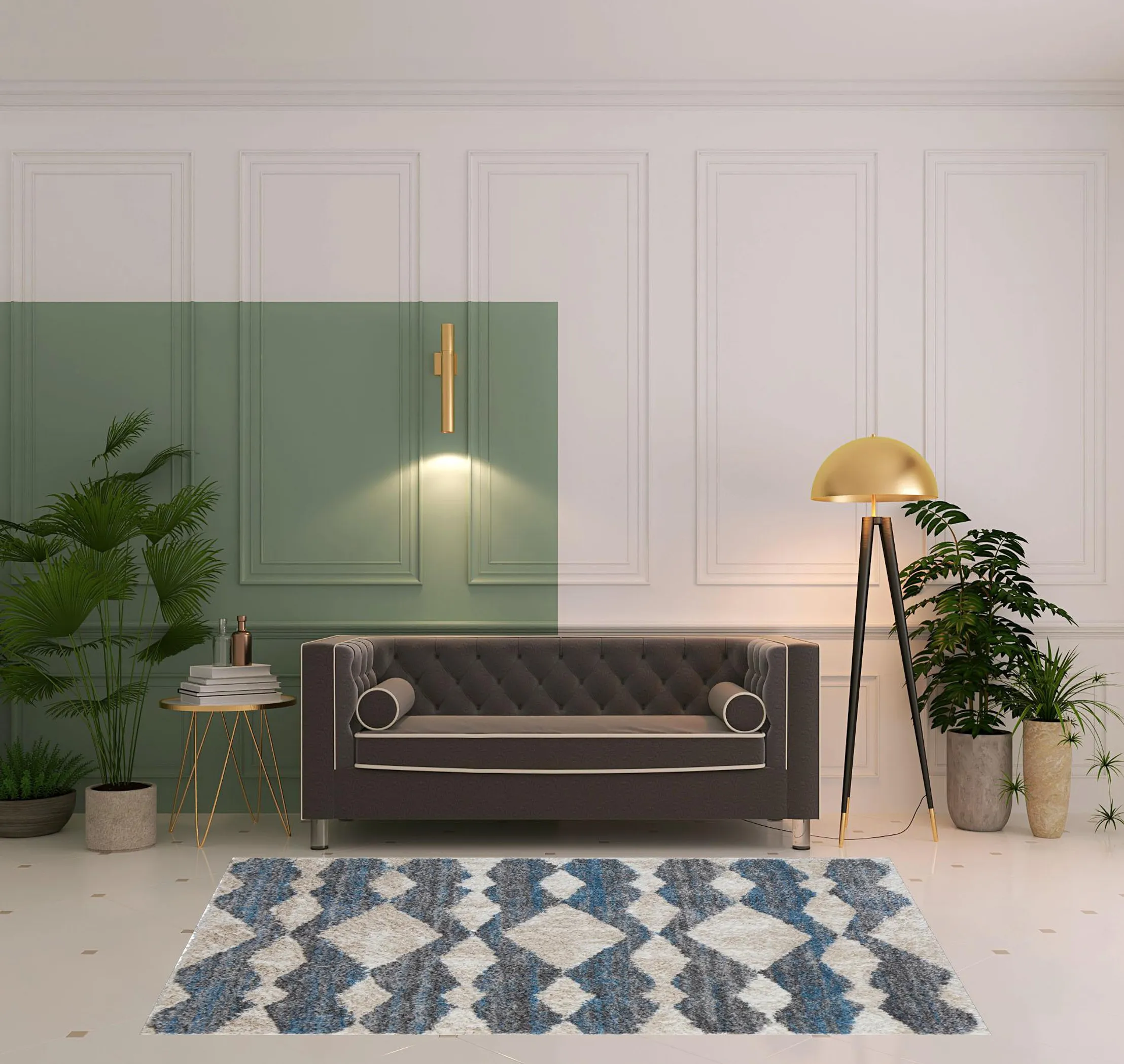 Thảm trải sàn dệt máy chống bám bẩn 1,5m x 2,4m họa tiết chevron ngà xám xanh - Ảnh 2