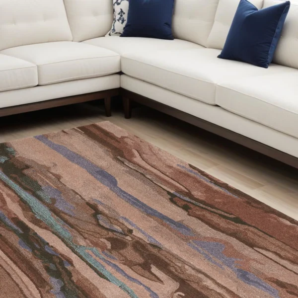 Thảm trải sàn len chần tay 2,4m x 3m họa tiết trừu tượng màu xanh và đỏ