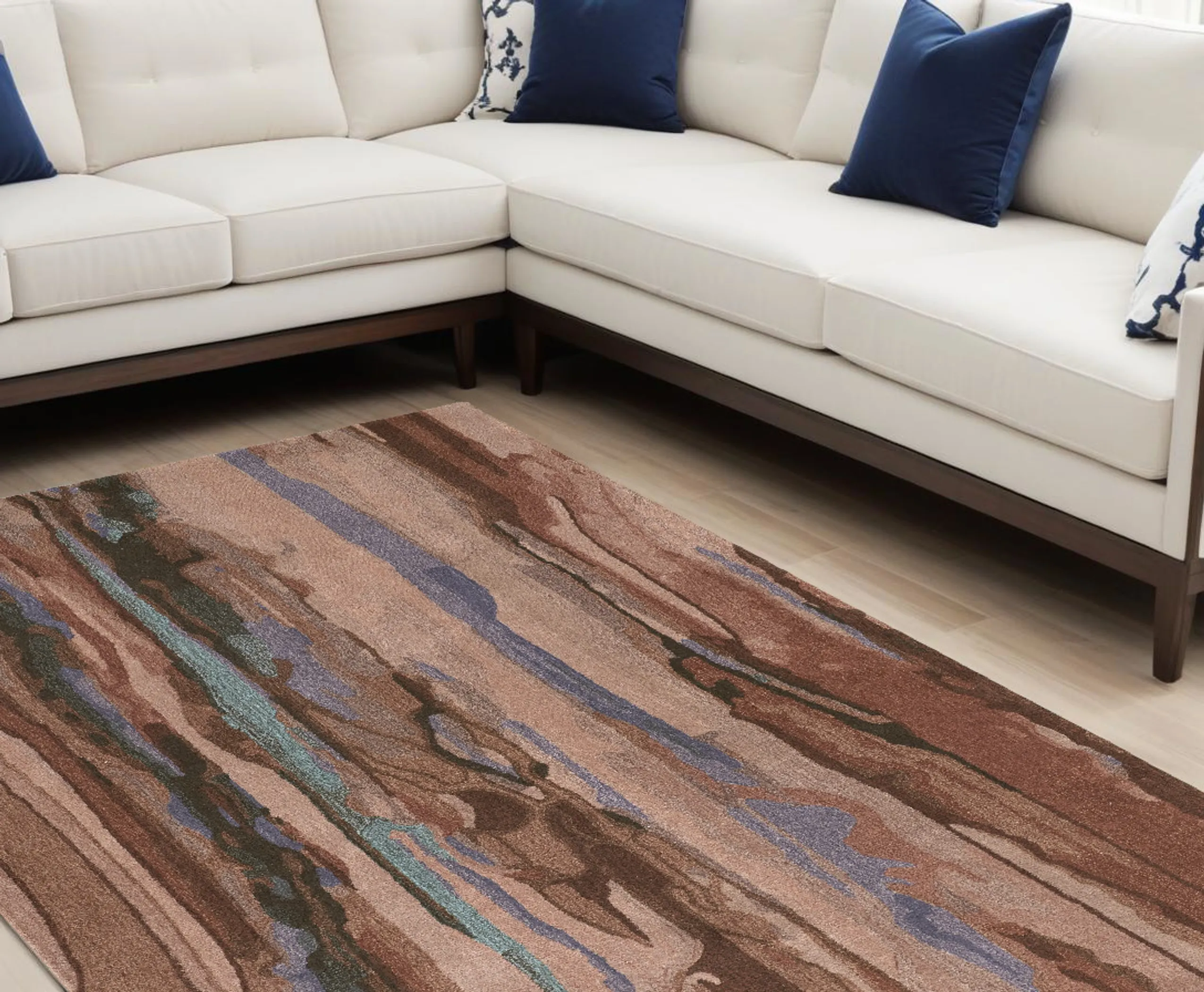 Thảm trải sàn len chần tay 2,4m x 3m họa tiết trừu tượng màu xanh và đỏ