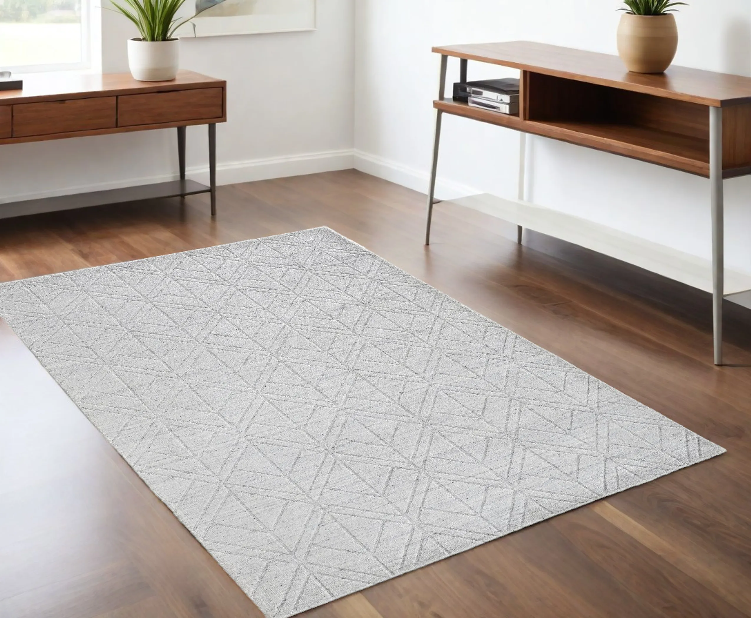 Thảm trải sàn dệt tay 1,2m x 1,8m họa tiết hình học trắng bạc