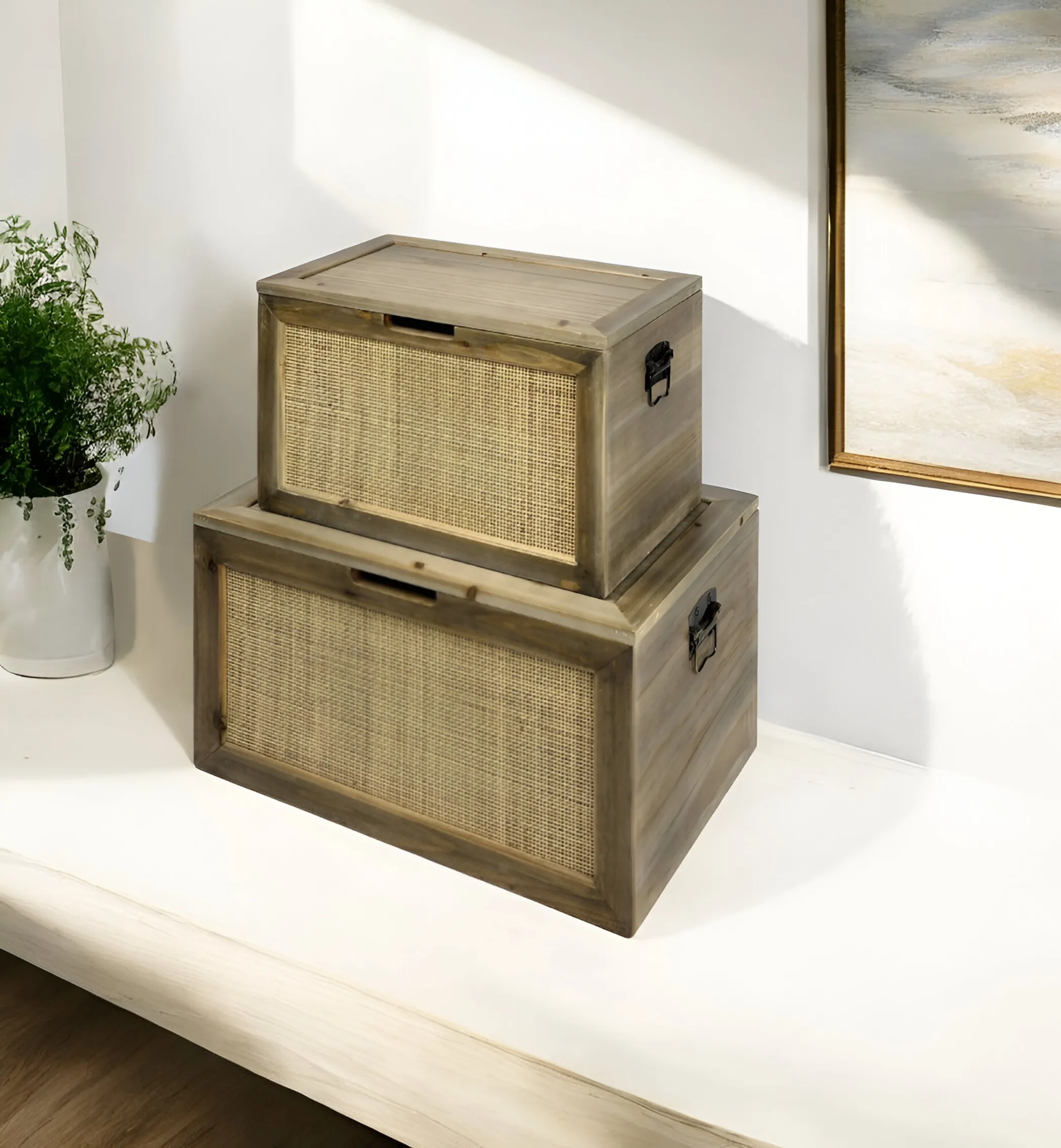 Bộ hai hộp lưu trữ gỗ đan mây màu nâu tự nhiên - Ảnh 2
