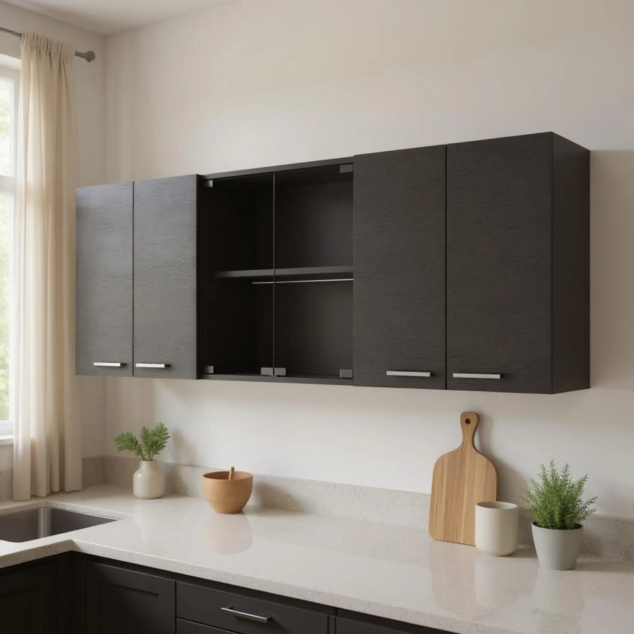 Tủ bếp treo tường gỗ màu đen 150cm sáu cánh