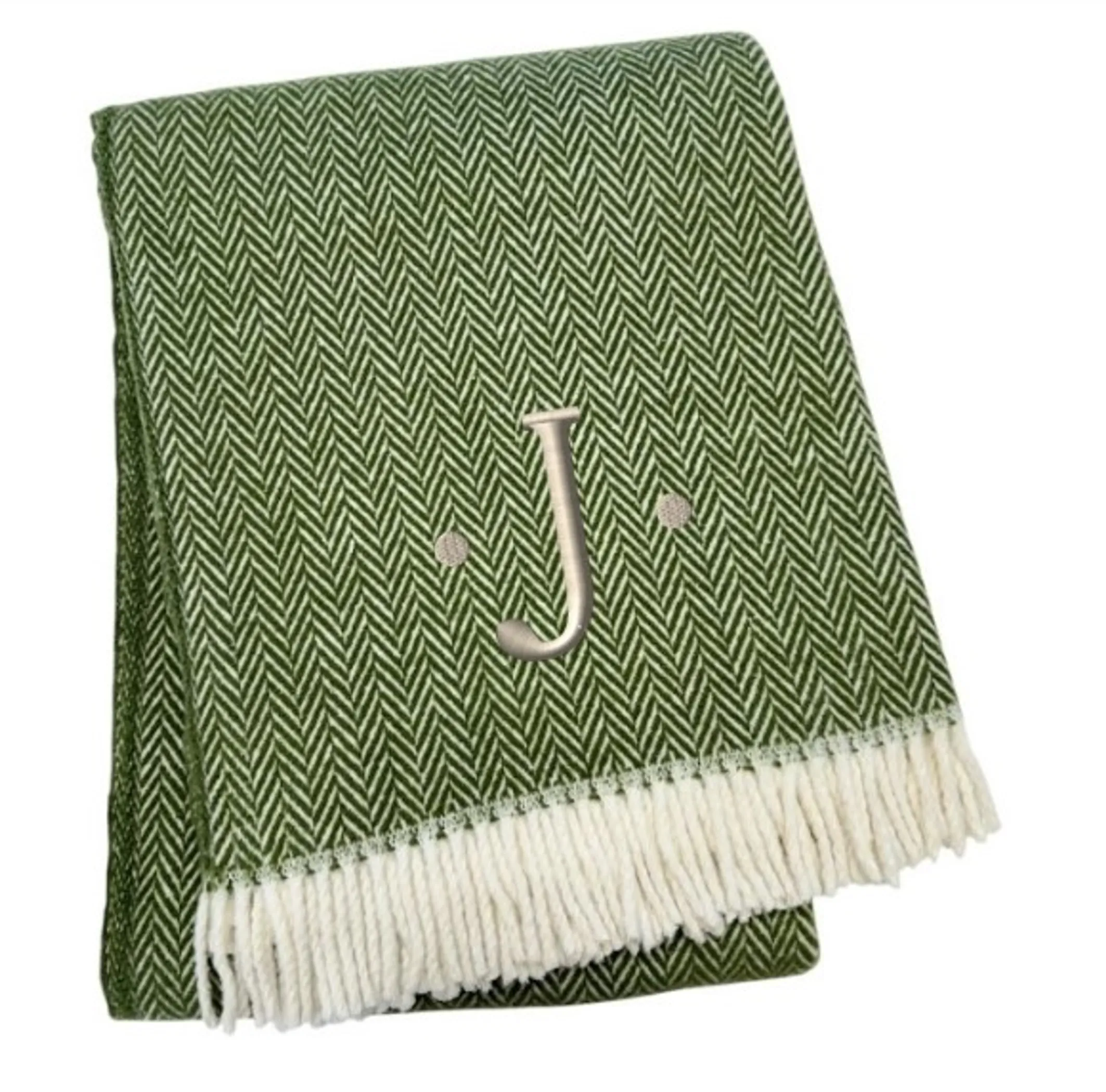 Chăn cotton pha dệt xương cá thêu chữ J màu xanh rêu trắng, viền tua rua - Ảnh 3