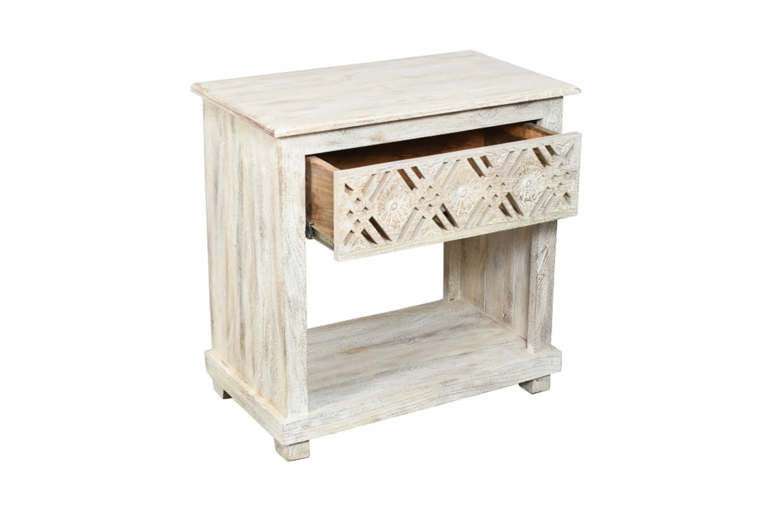 Tủ đầu giường gỗ tự nhiên 71cm chạm khắc hình học màu trắng cũ kỹ - Ảnh 4