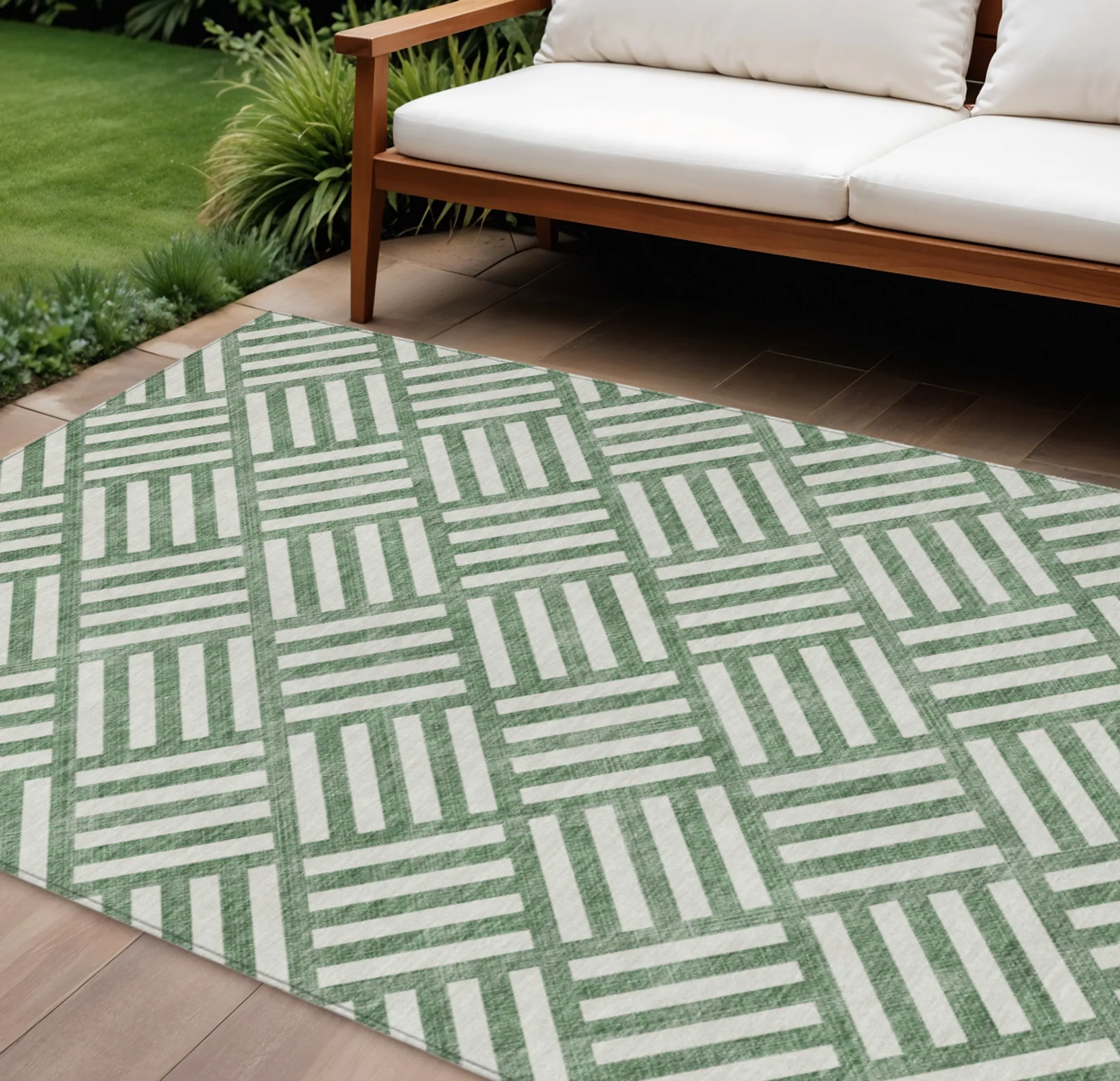 Thảm trải sàn giặt được 3m x 4,3m họa tiết hình học màu xanh lá và ngà
