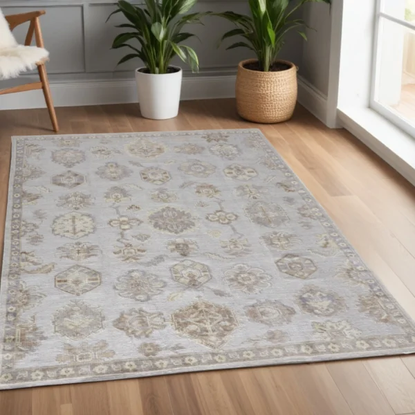Thảm trải sàn dệt tay thủ công 1,2m x 1,8m họa tiết hoa xám ngà