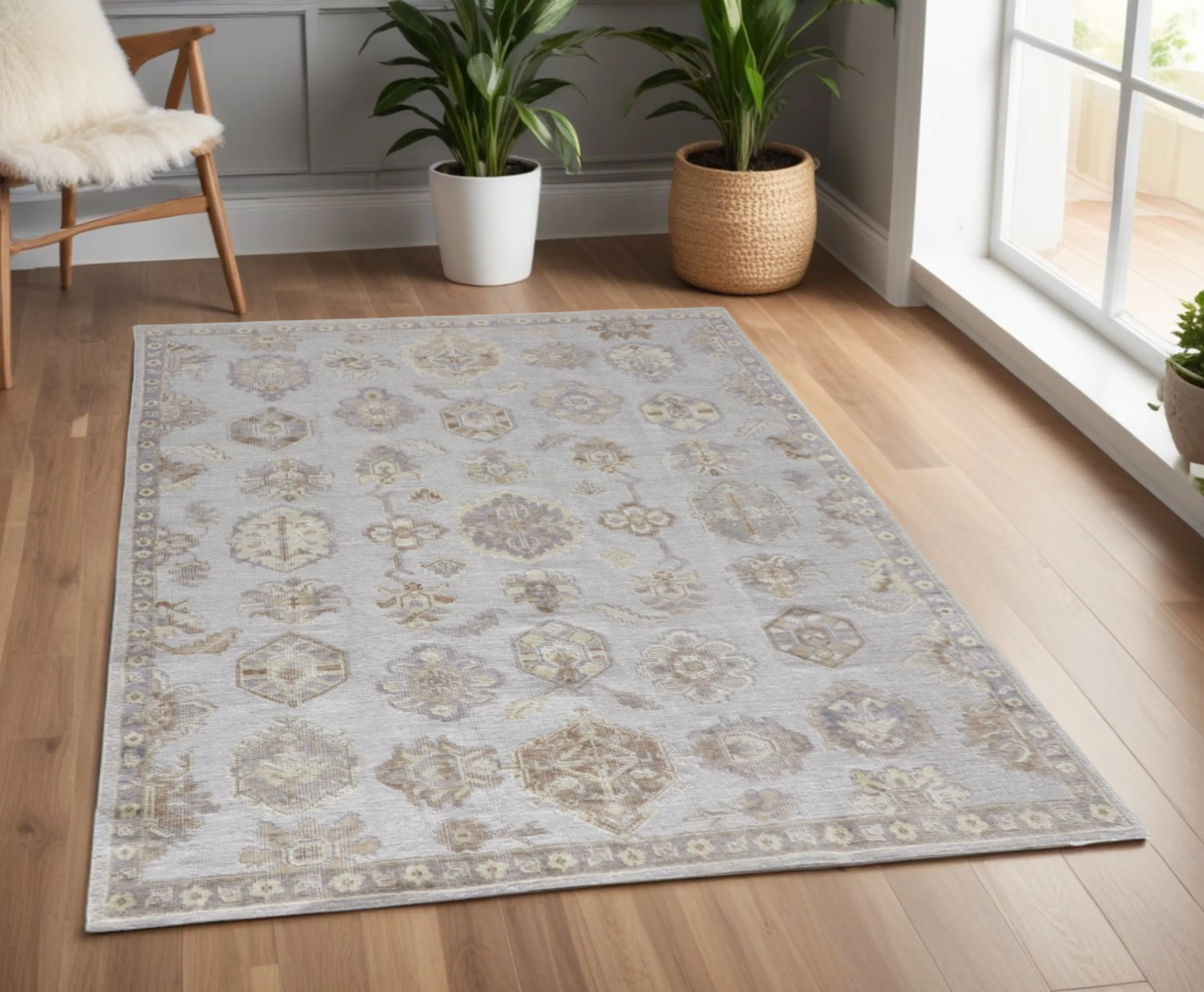 Thảm trải sàn dệt tay thủ công 1,2m x 1,8m họa tiết hoa xám ngà