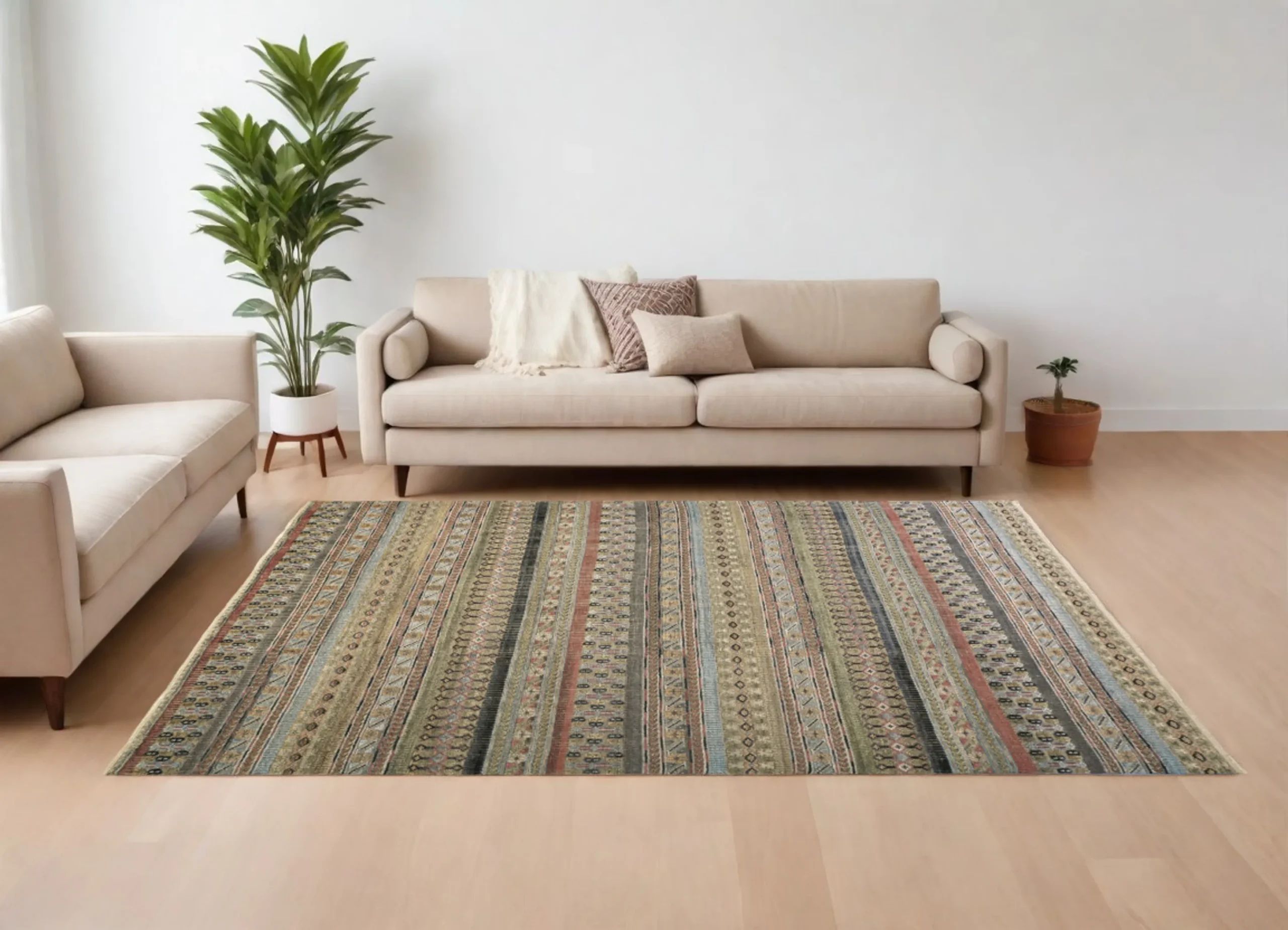 Thảm trải sàn dệt thắt tay 2,4m x 3m sọc nâu vàng, xanh và cam