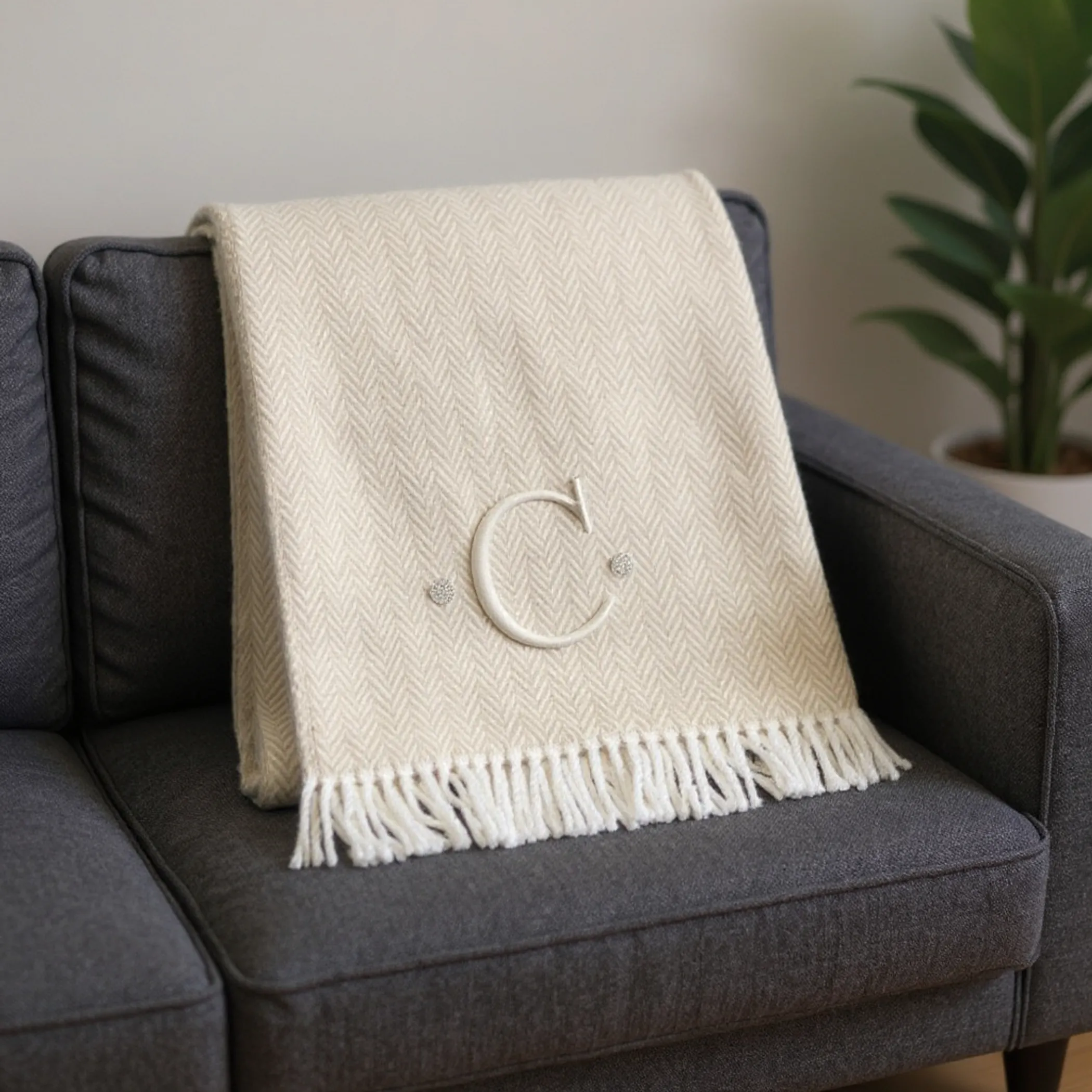 Chăn cotton pha dệt xương cá thêu chữ C màu lanh trắng, viền tua rua - Ảnh 2