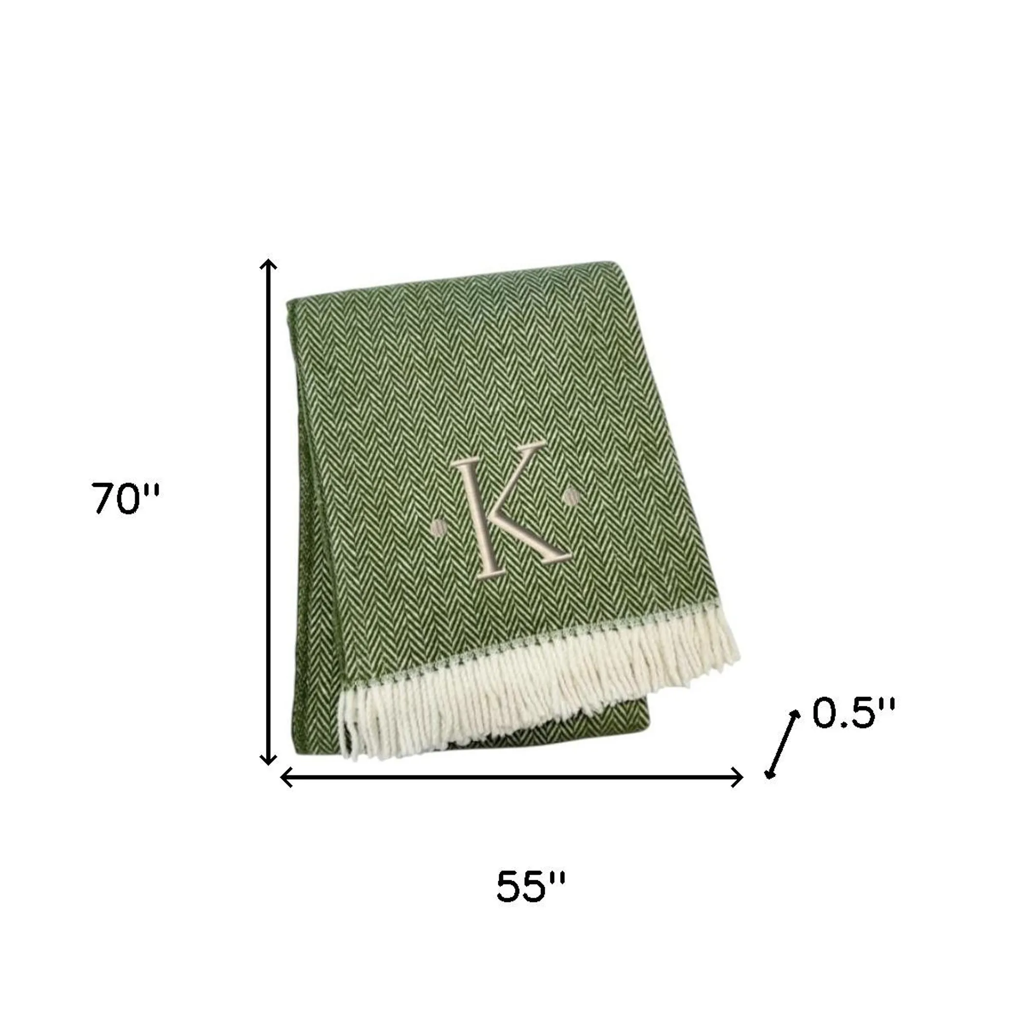 Chăn cotton pha dệt xương cá thêu chữ K màu xanh rêu trắng, viền tua rua - Ảnh 5