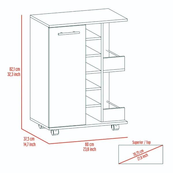 Tủ xe đẩy quầy bar 2 kệ ngoài, 4 bánh xe, 6 ô rượu và tủ 1 cánh