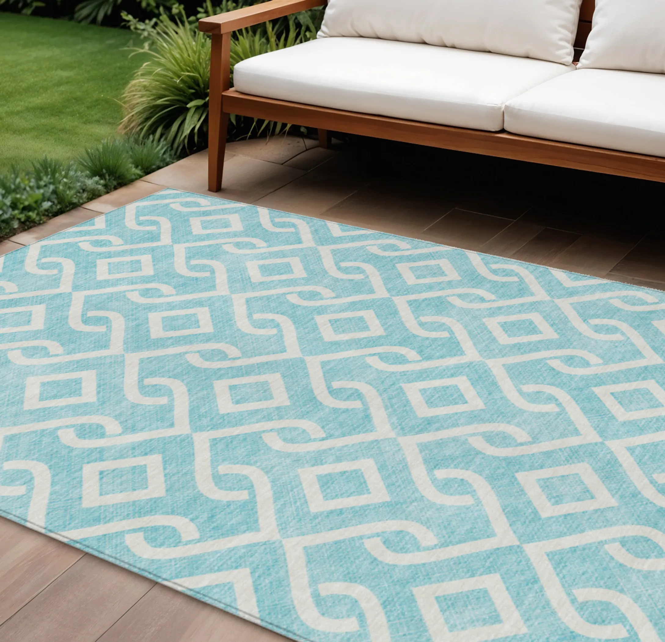Thảm trải sàn giặt được 2,7m x 3,7m họa tiết hình học màu xanh ngọc và ngà