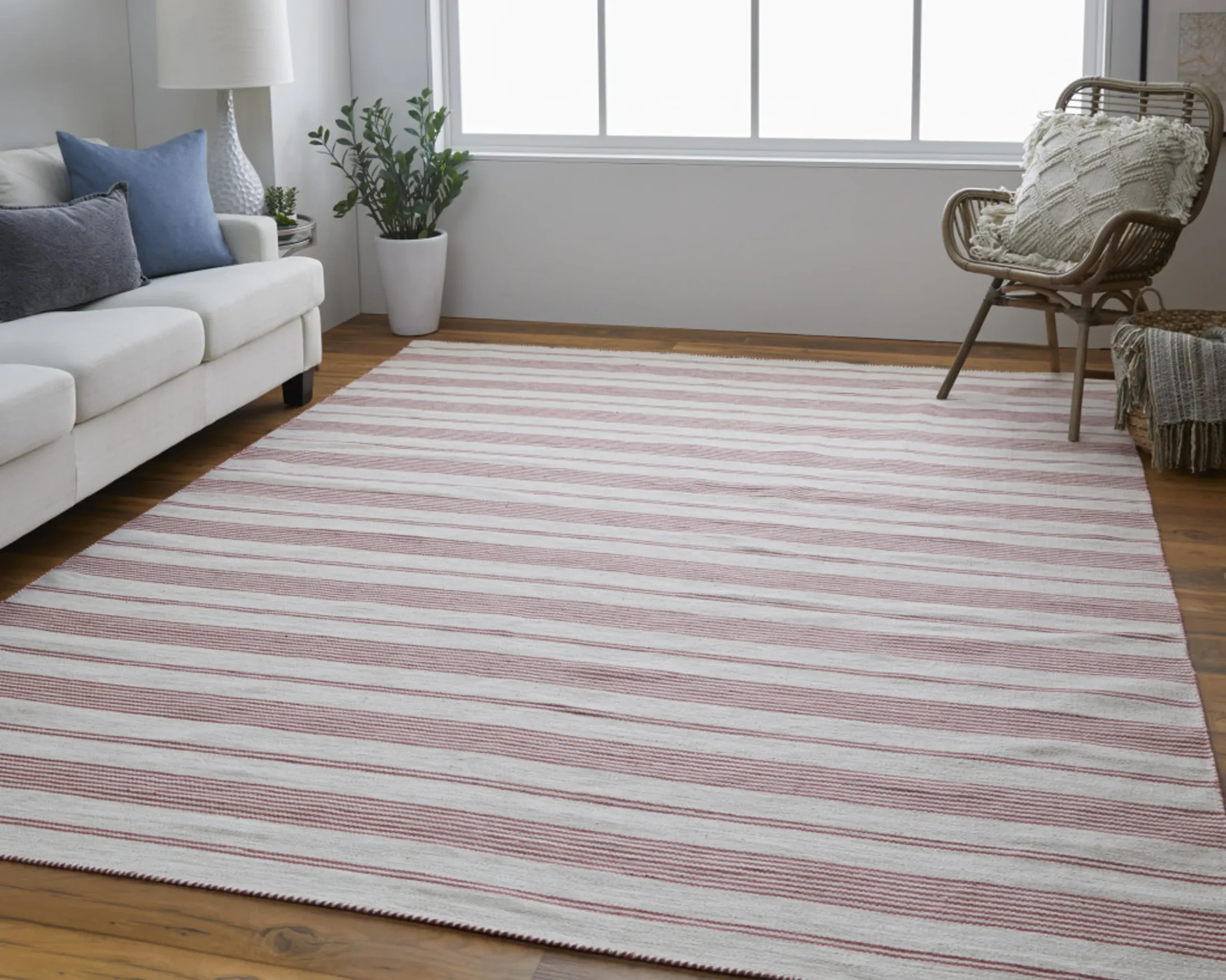 Thảm dhurrie dệt tay chống bám bẩn 3m x 4,3m kẻ sọc đỏ ngà - Ảnh 6