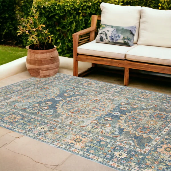Thảm trải sàn chống bẩn 2,7m x 3,7m họa tiết hoa văn tròn màu xanh và cam
