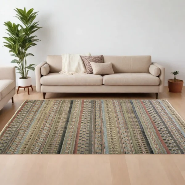 Thảm trải sàn dệt thắt tay 1,8m x 2,7m sọc nâu vàng, xanh và cam