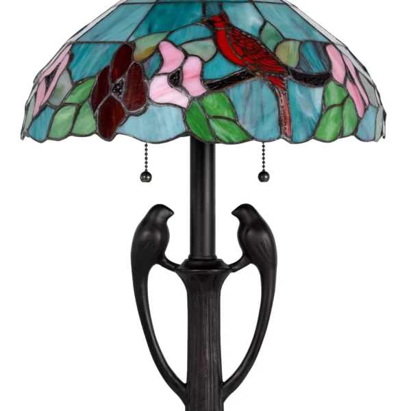 Đèn bàn phong cách Tiffany 2 bóng 56cm chân đồng chụp hoa xanh ngọc và đỏ