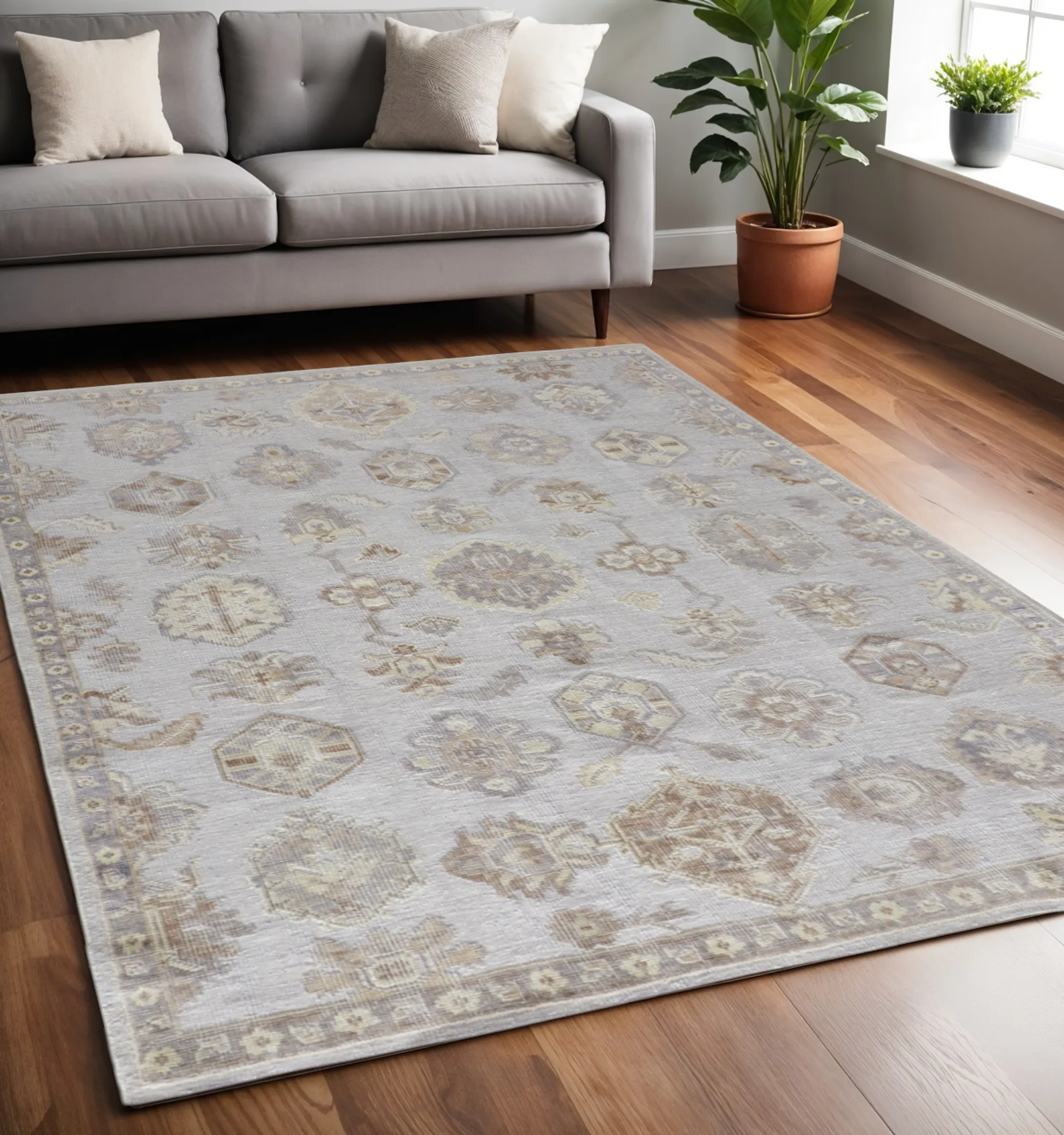 Thảm trải sàn dệt thắt tay 1,5m x 2,4m họa tiết hoa màu xám và ngà