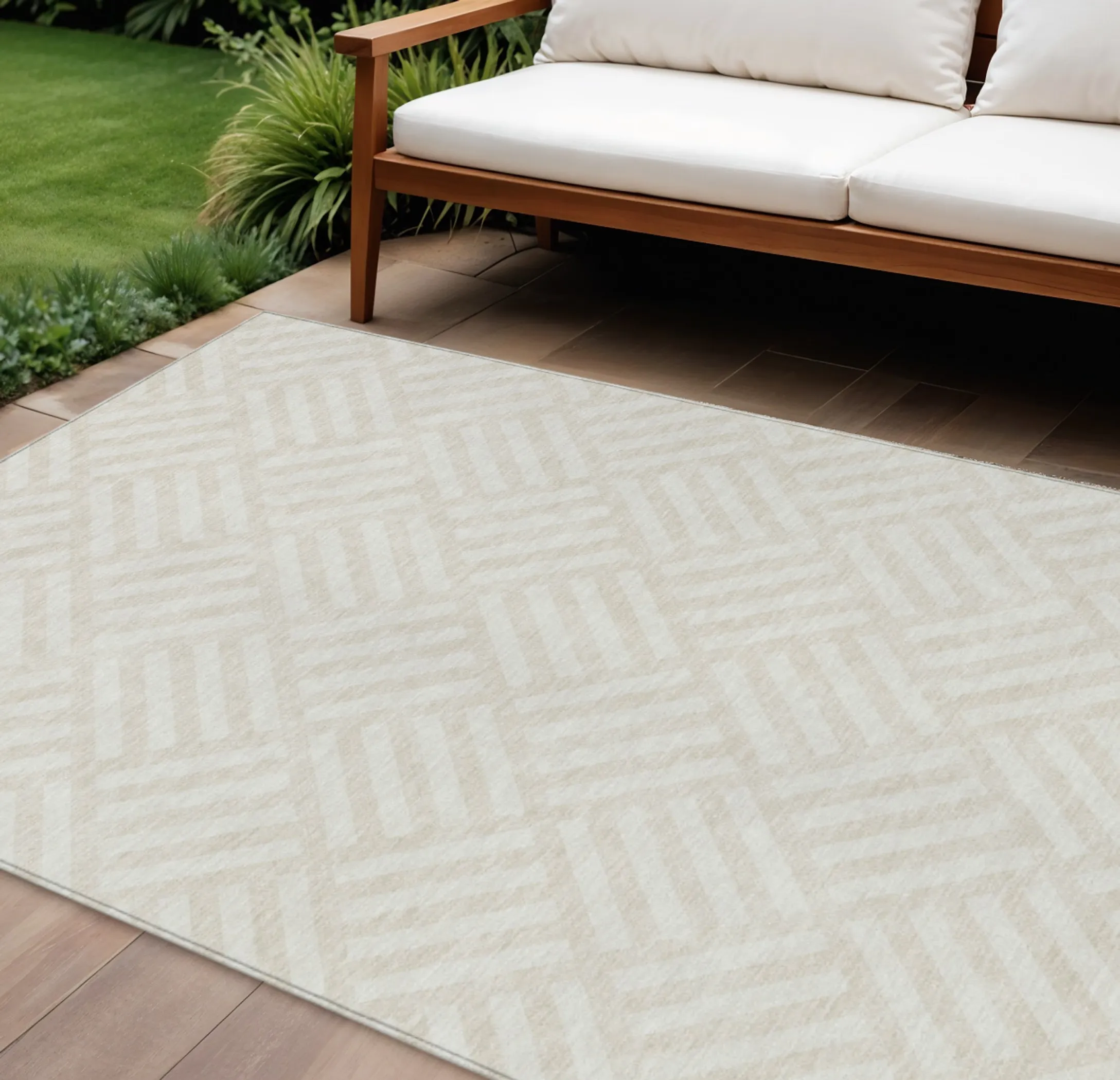 Thảm trải sàn giặt được 3m x 4,3m họa tiết hình học màu ngà và be