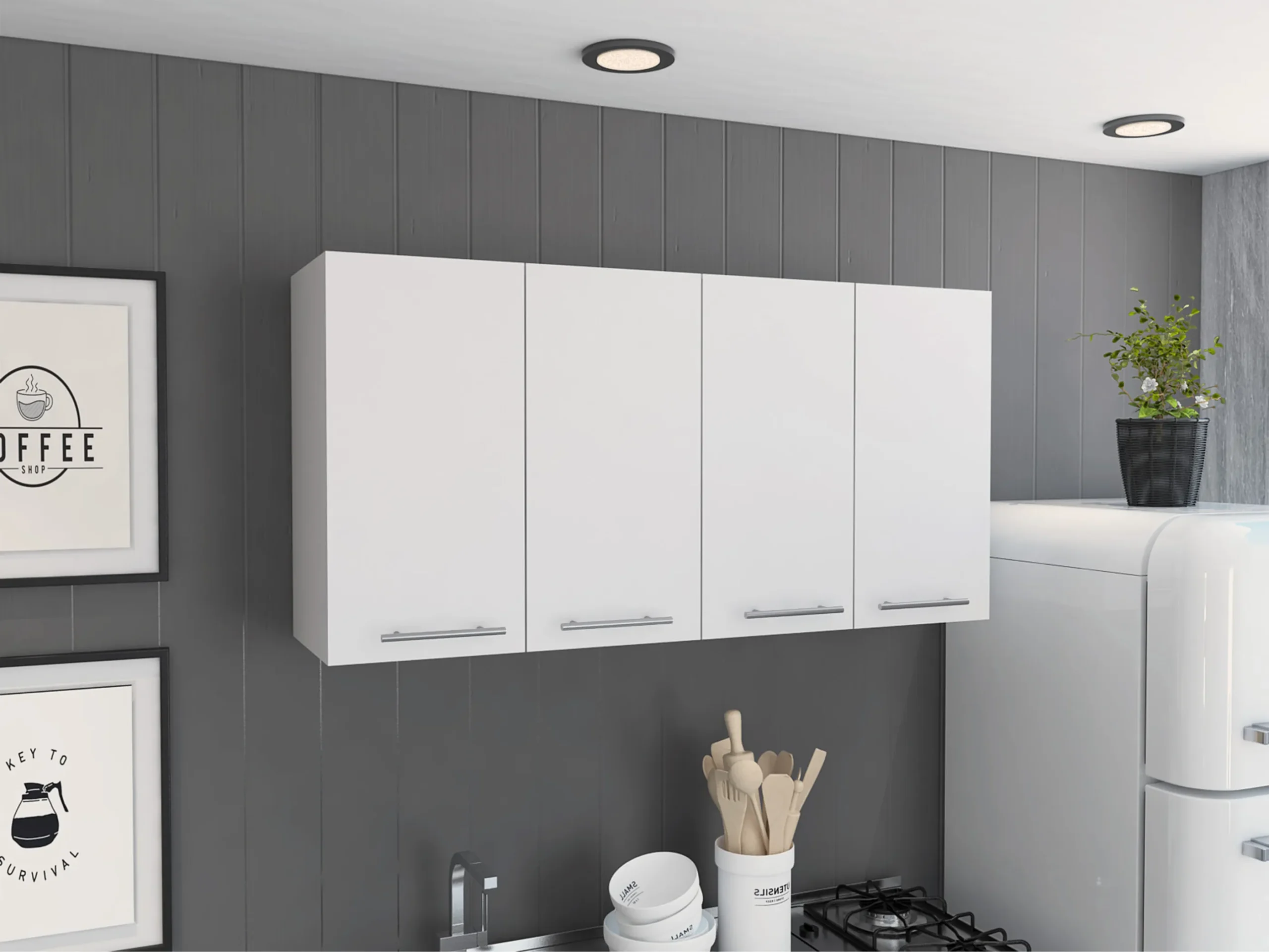 Tủ trang trí treo tường gỗ trắng rộng 119cm với bốn cánh - Ảnh 5