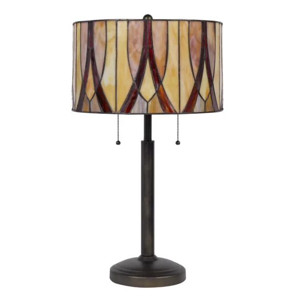 Đèn bàn 2 bóng kim loại màu đồng 61cm chụp trống màu đỏ và ngà