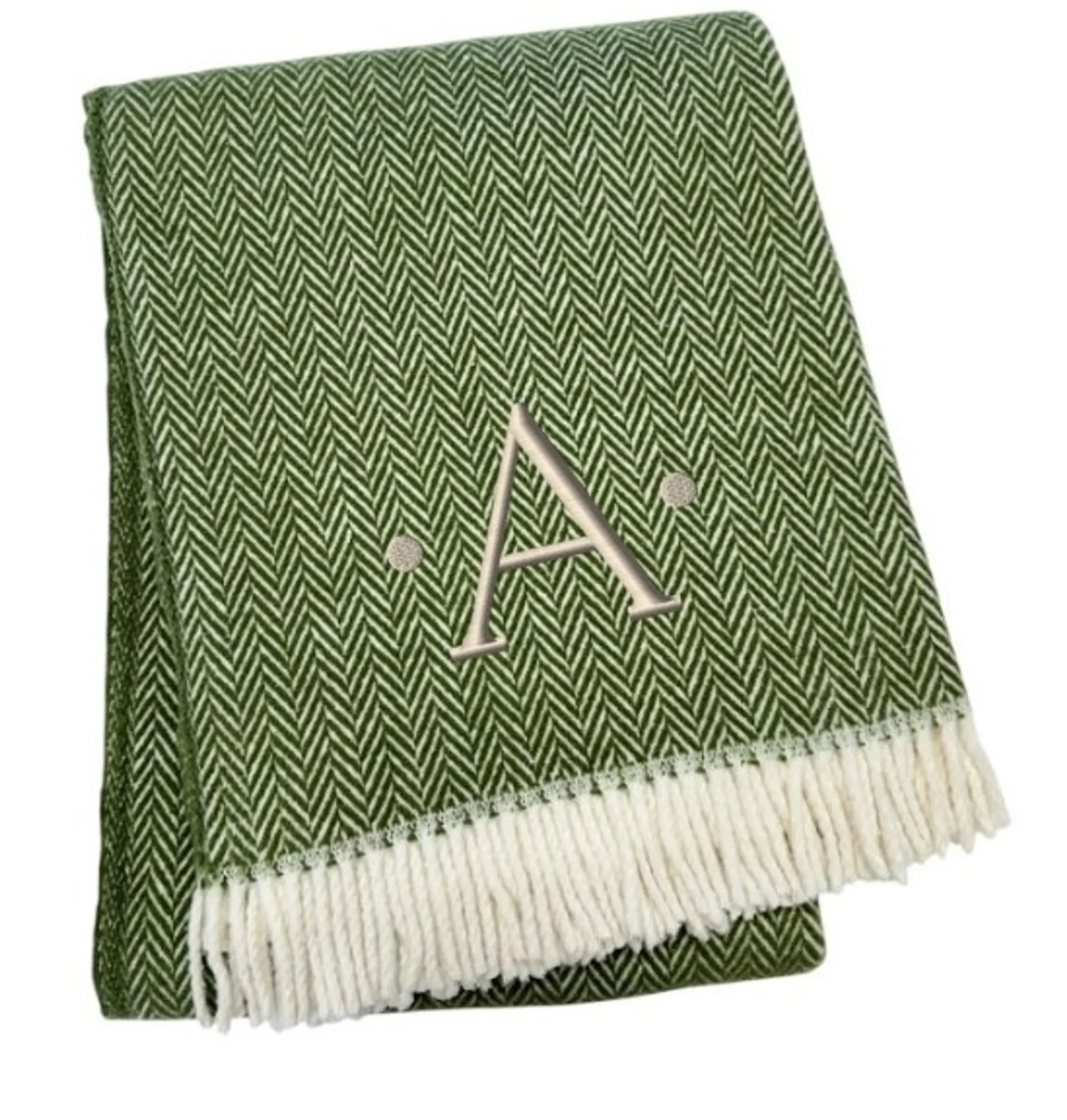 Chăn cotton pha dệt xương cá thêu chữ A màu xanh rêu trắng, viền tua rua - Ảnh 3