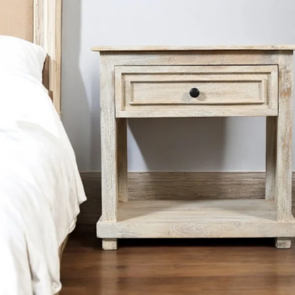 Tủ đầu giường gỗ tự nhiên 71cm một ngăn kéo màu trắng cũ kỹ