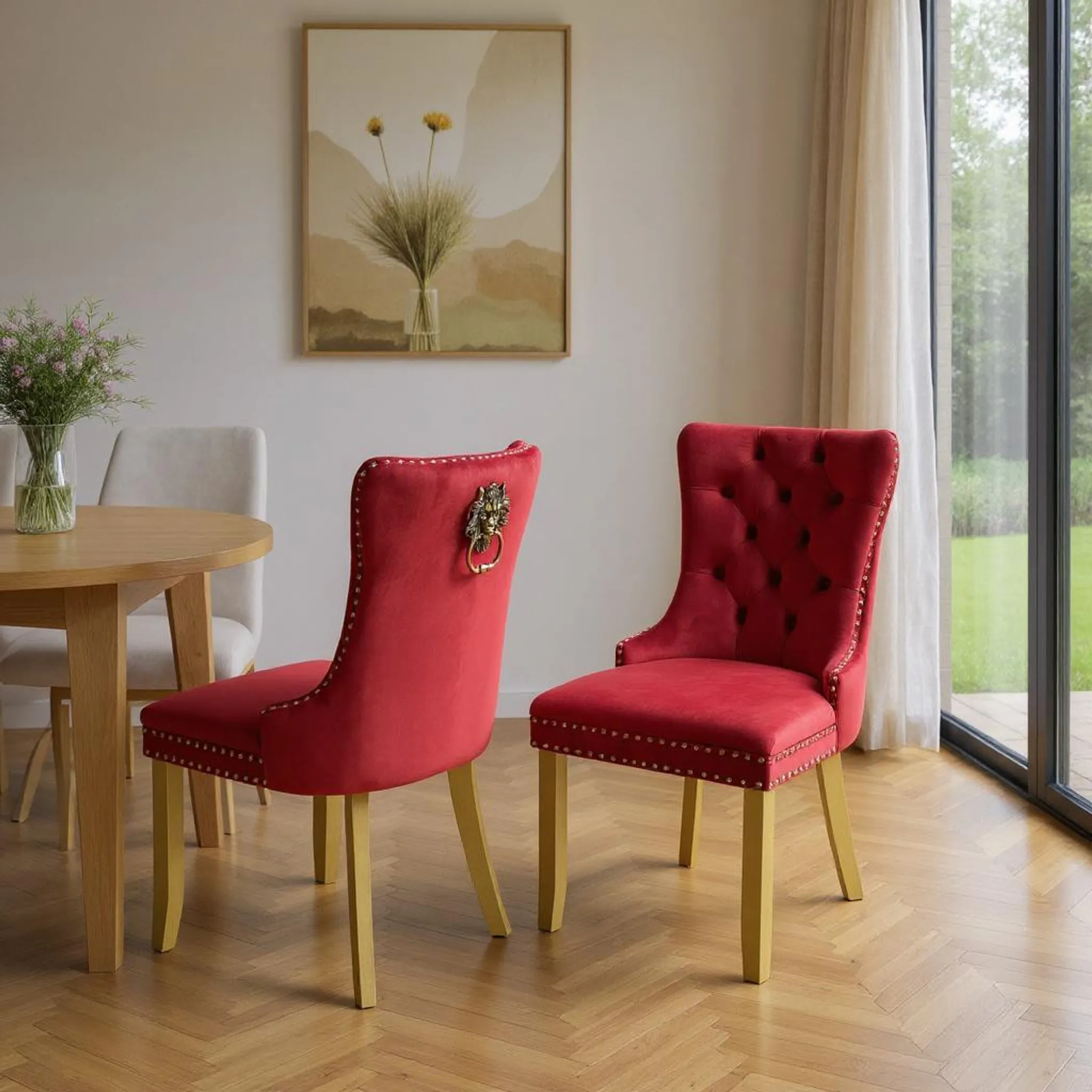 Bộ 2 ghế ăn bọc nhung rút khuy chân gỗ tự nhiên