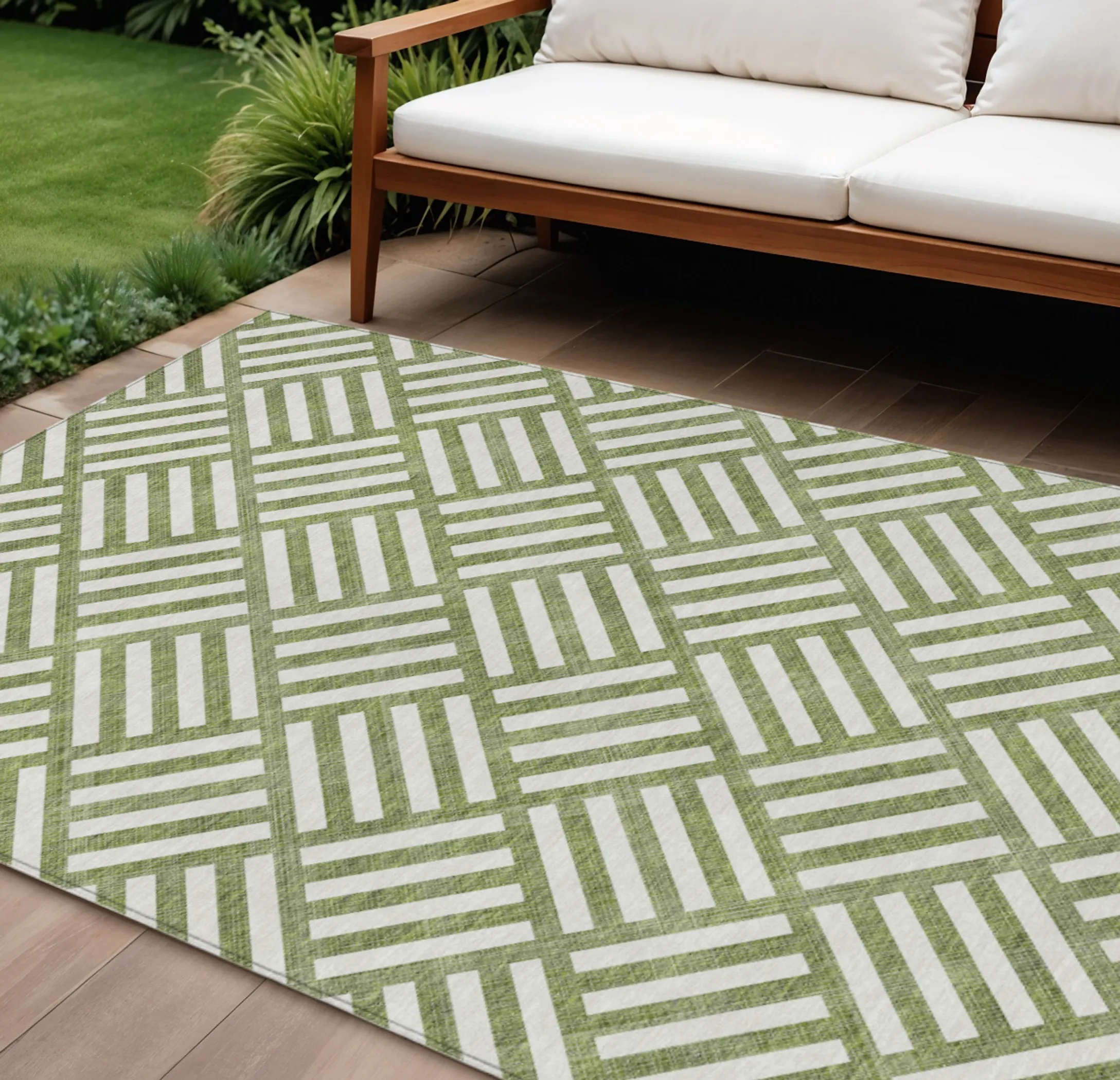 Thảm trải sàn giặt được 3m x 4,3m họa tiết hình học màu xanh ô liu và ngà