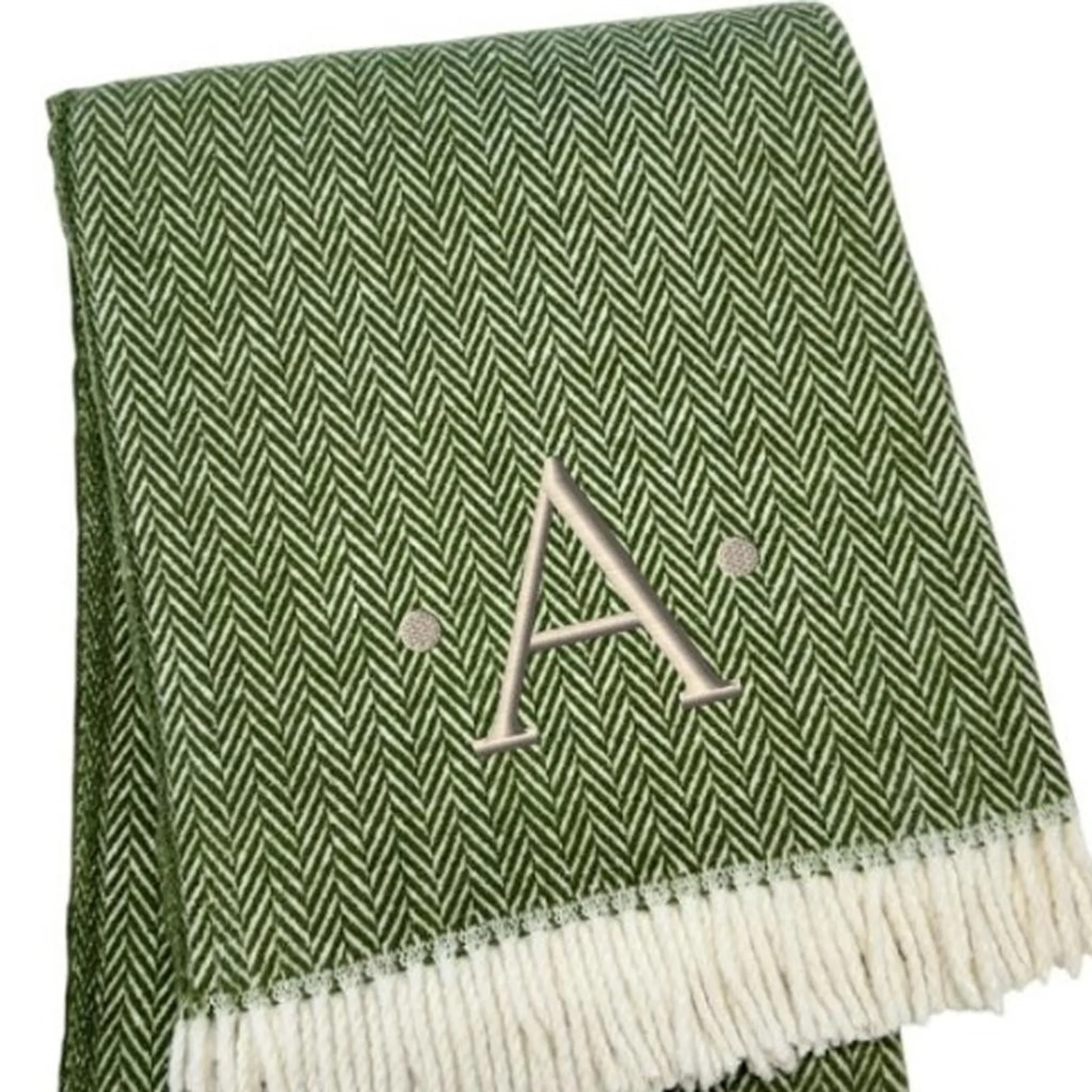 Chăn cotton pha dệt xương cá thêu chữ A màu xanh rêu trắng, viền tua rua - Ảnh 4