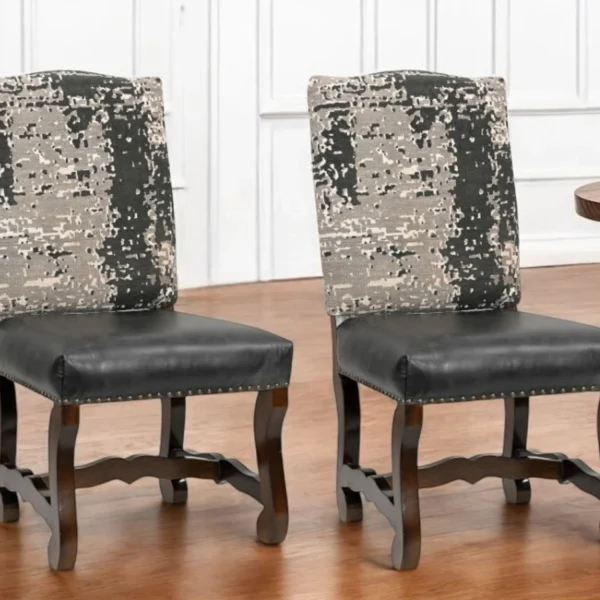Bộ 2 ghế ăn gỗ tự nhiên bọc vải chenille và da màu đen xám nâu sẫm